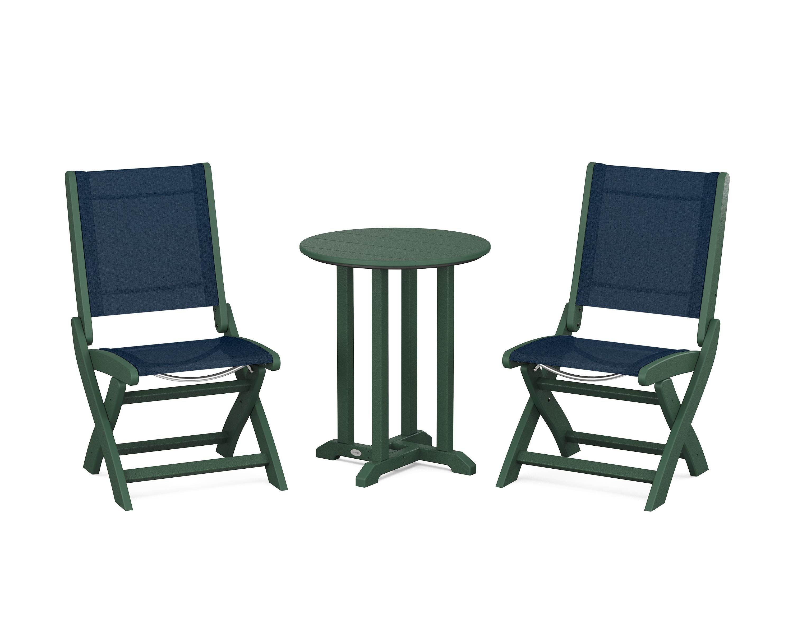 POLYWOOD Coastal Folding Side Chair 3-Piece Round Bistro Dining Set in Green / Navy Blue Sling