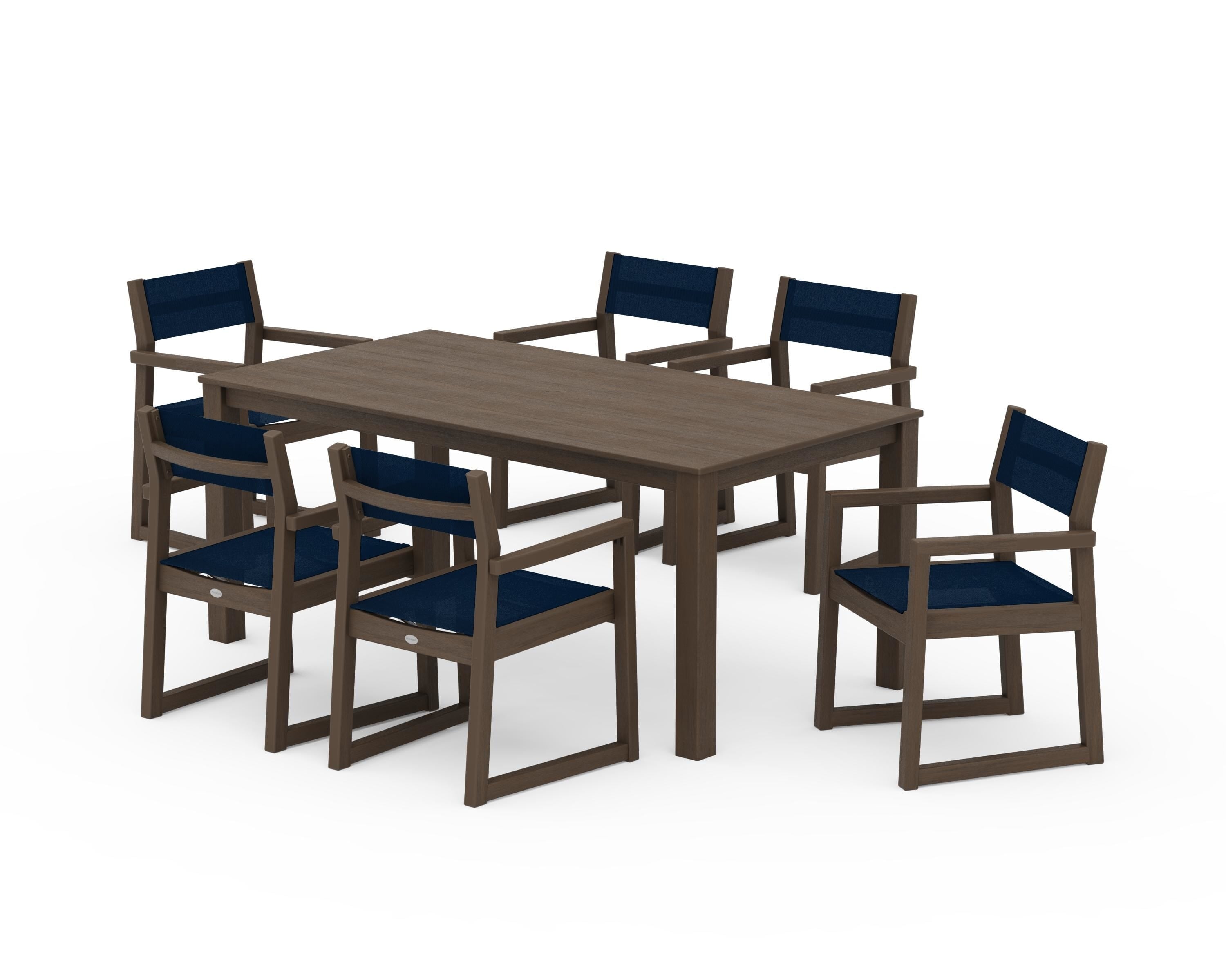 POLYWOOD EDGE Sling Arm Chair 7-Piece Parsons Dining Set in Kona / Navy Blue Sling