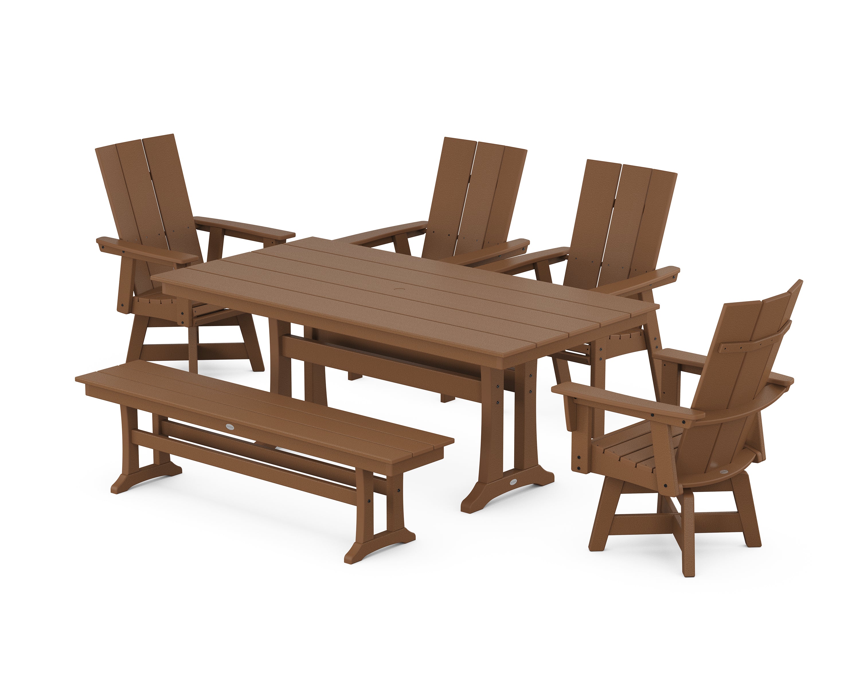 POLYWOOD® Modern Curveback Adirondack Swivel Chair 6-Piece Farmhouse Dining Set With Trestle Legs and Bench in Teak