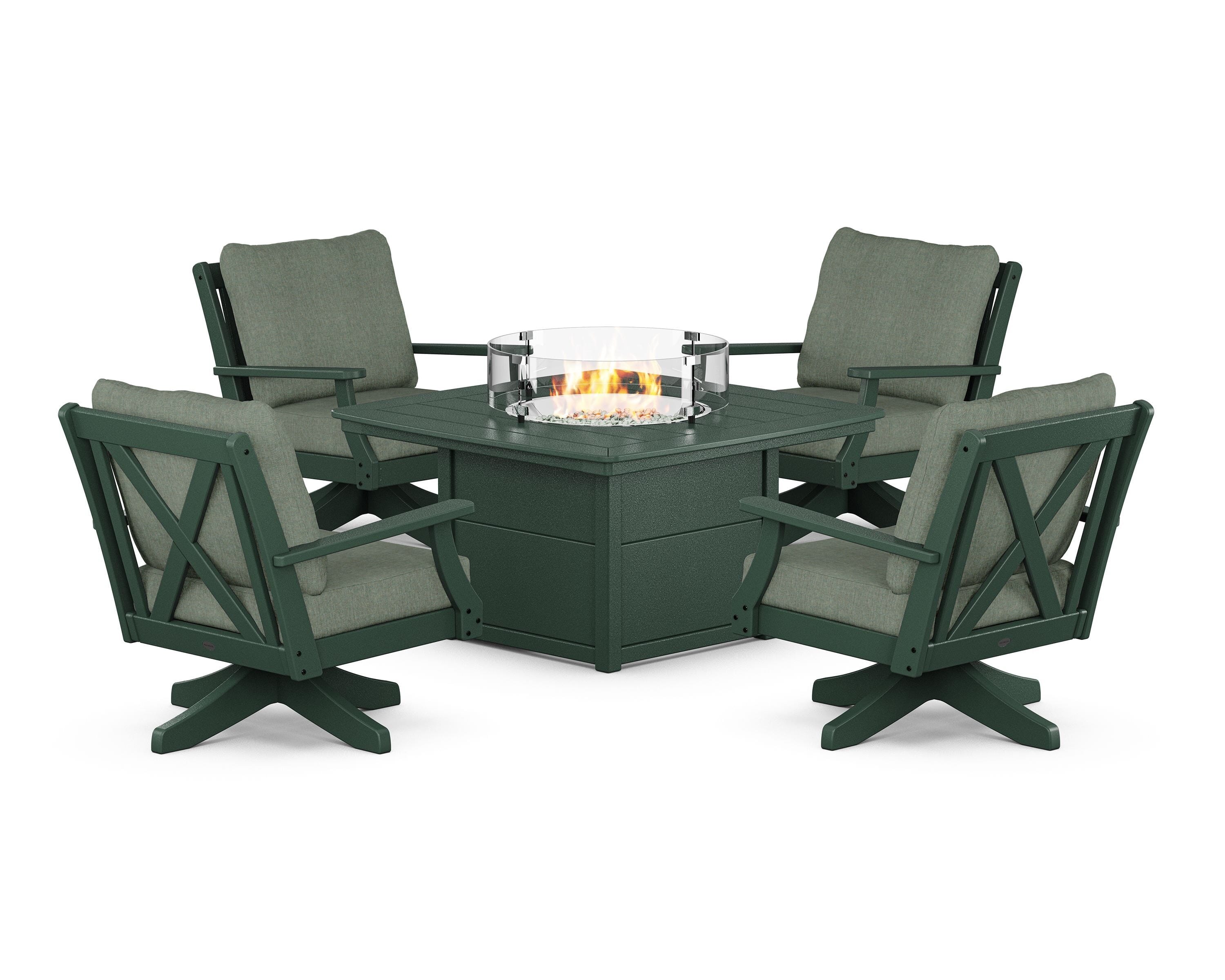 POLYWOOD Braxton 5-Piece Deep Seating Swivel Conversation Set with Fire Pit Table in Green / Cast Sage