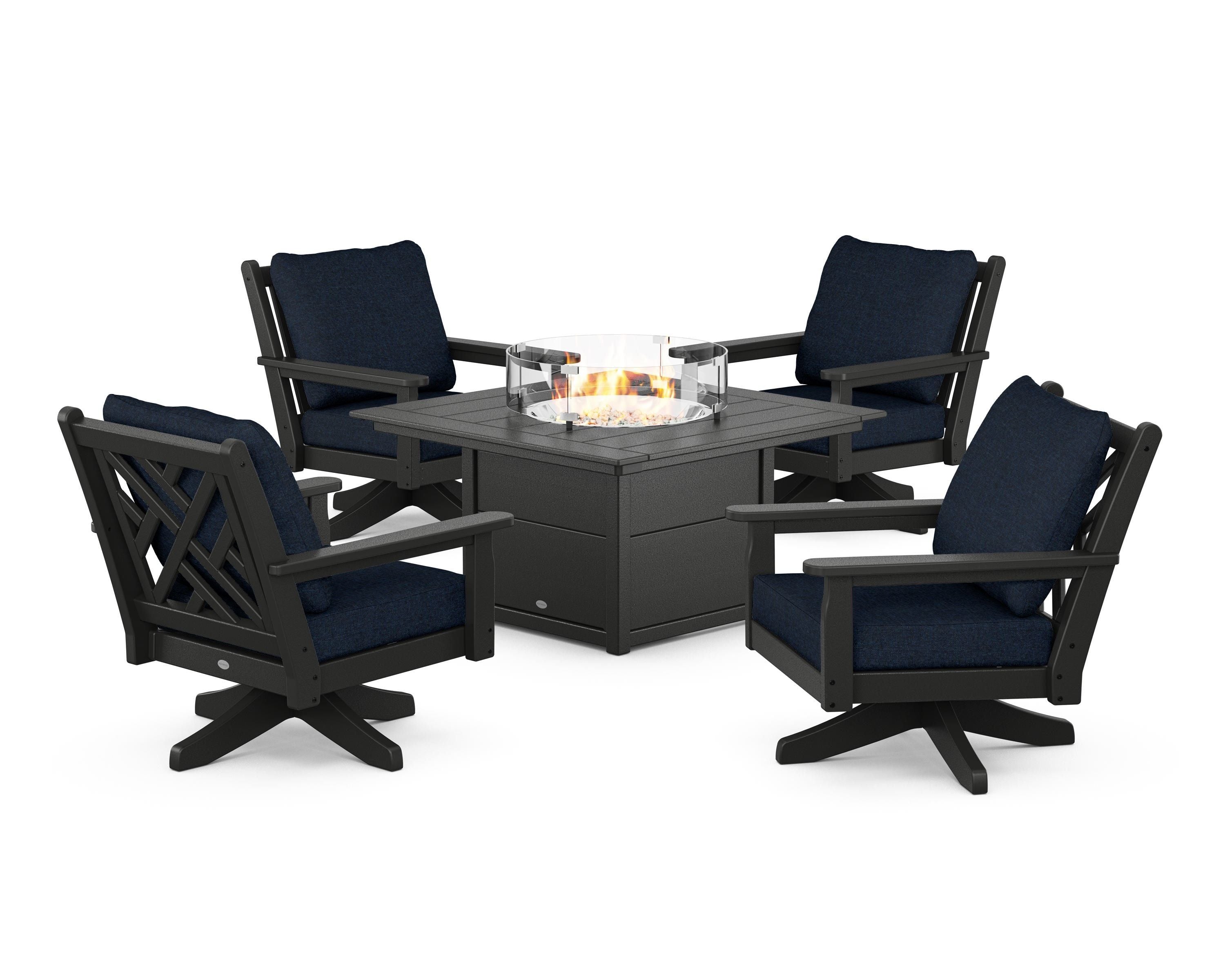 POLYWOOD Chippendale 5-Piece Deep Seating Swivel Conversation Set with Fire Pit Table in Black / Marine Indigo
