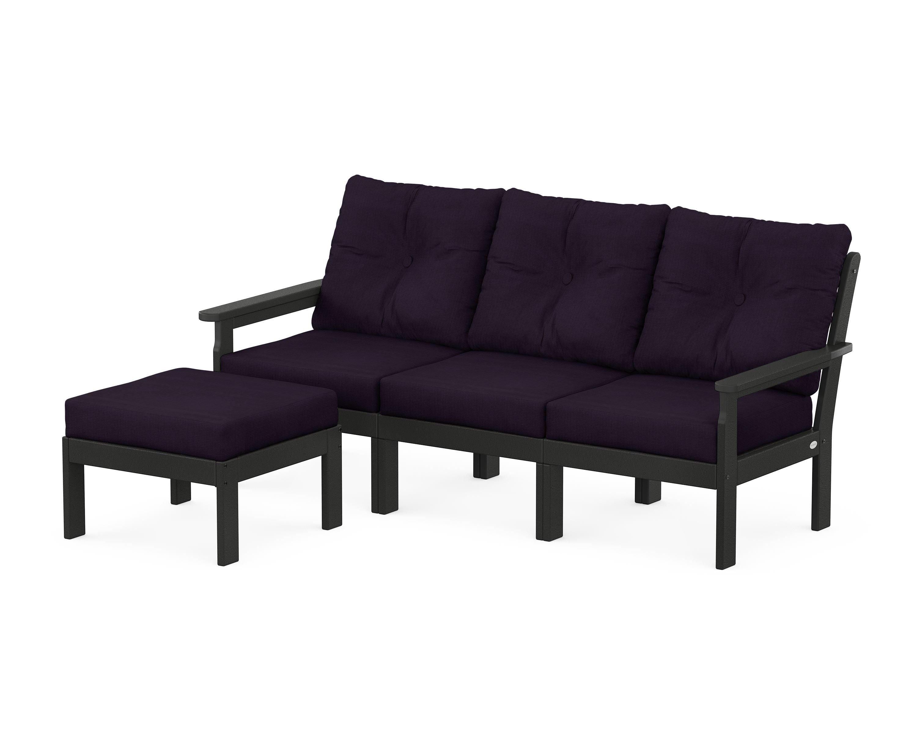 POLYWOOD Vineyard 4-Piece Sectional with Ottoman in Black / Navy Linen