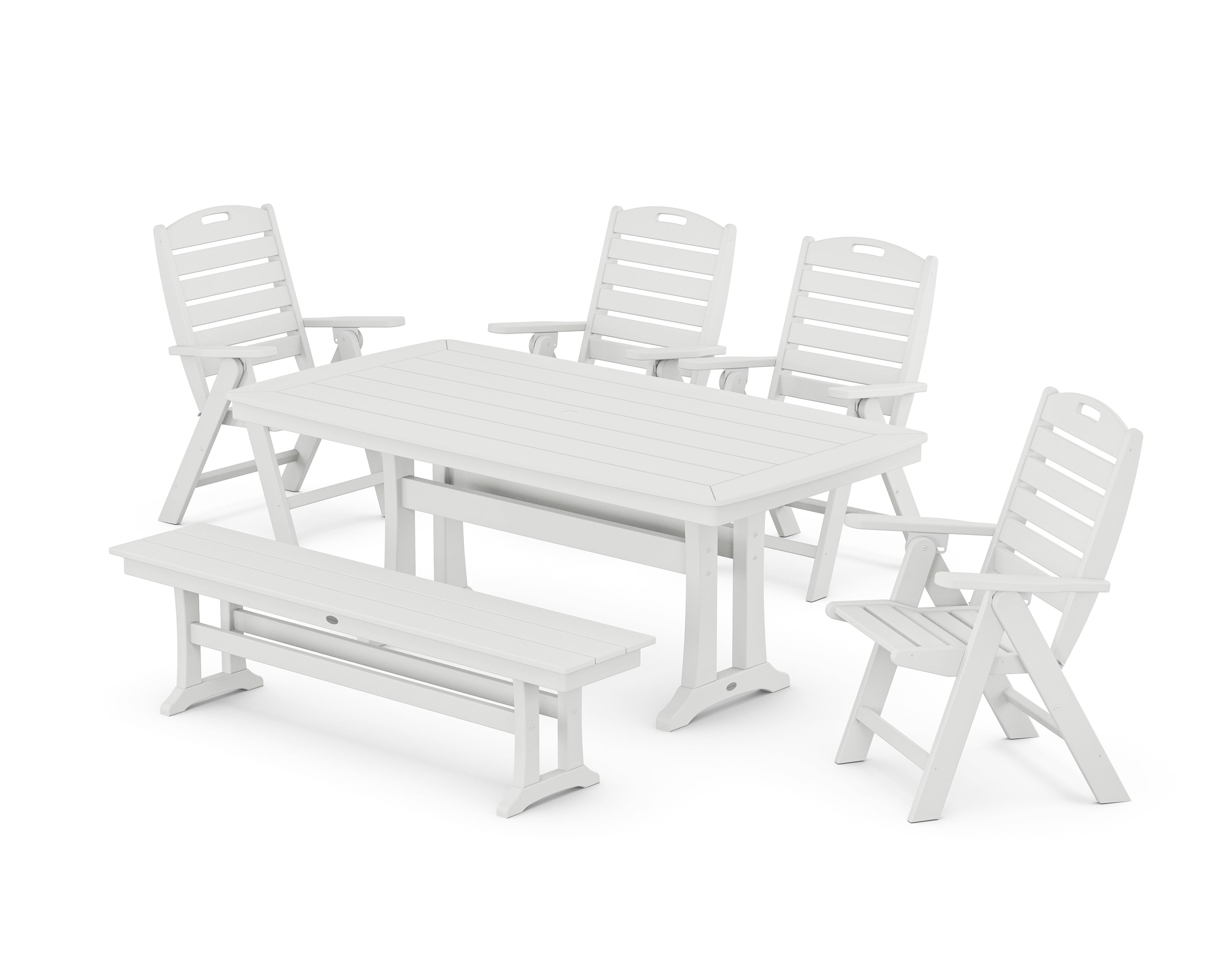 POLYWOOD Nautical Highback 6-Piece Dining Set with Trestle Legs and Bench in White