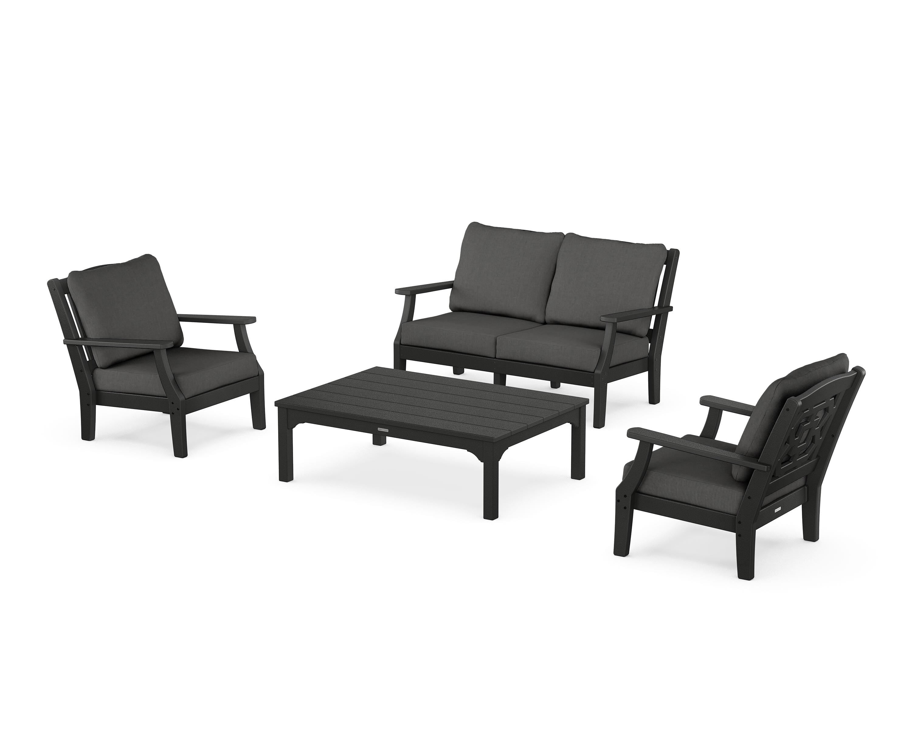Martha Stewart by POLYWOOD Chinoiserie 4-Piece Deep Seating Set with Loveseat in Black / Spectrum Carbon