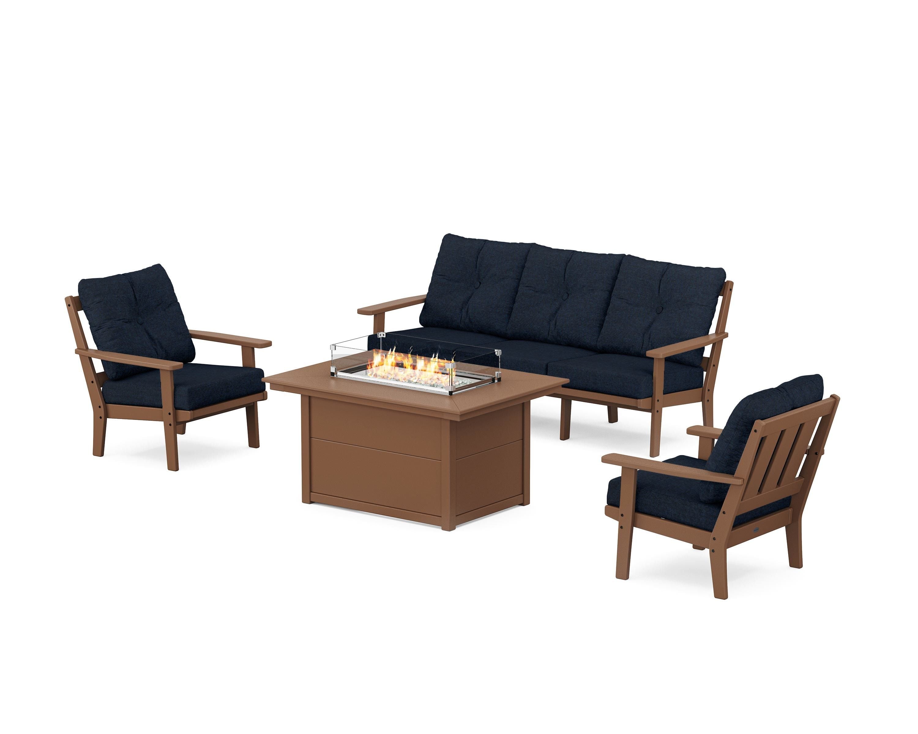 POLYWOOD Oxford Deep Seating Fire Pit Table Set in Teak / Marine Indigo