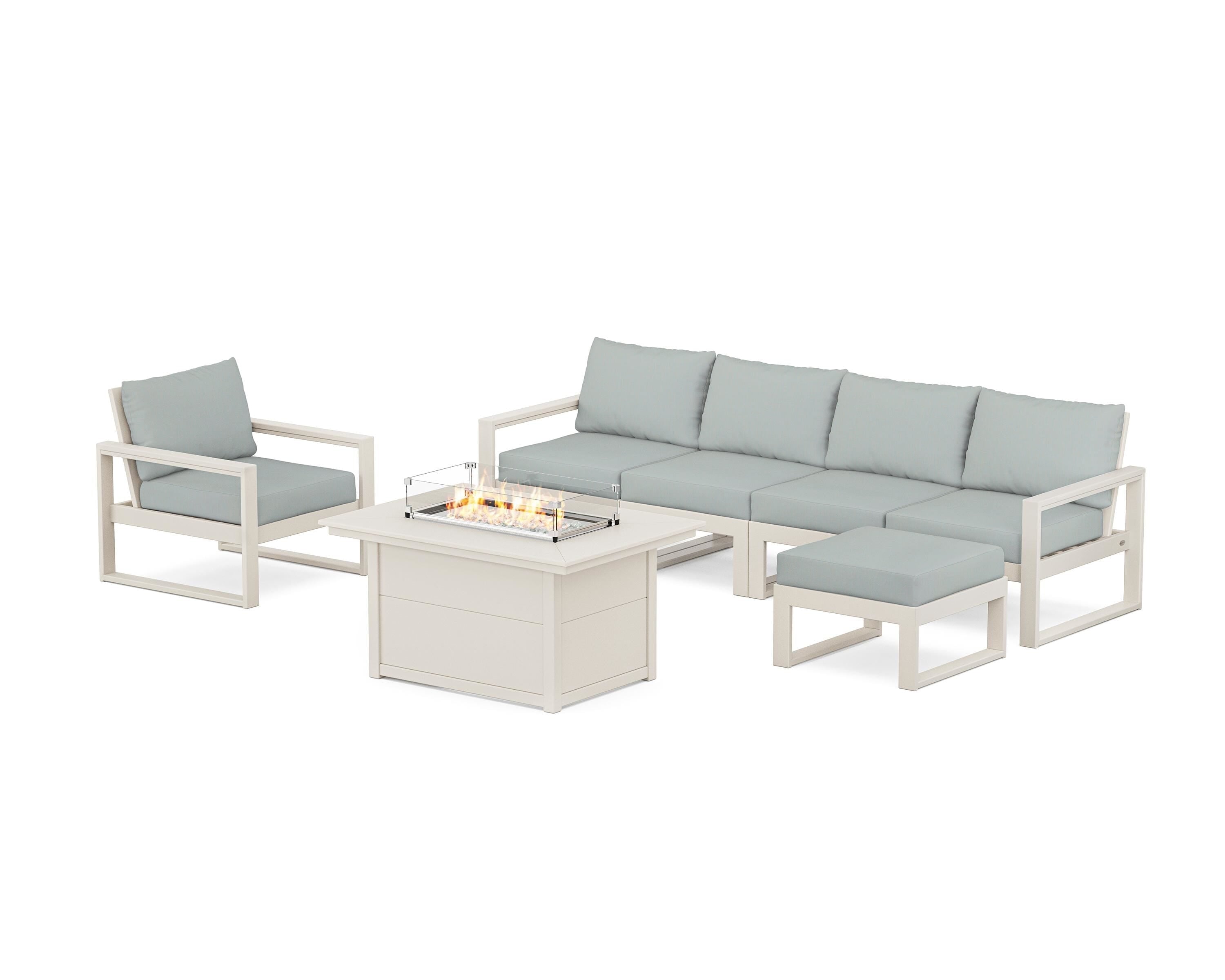 POLYWOOD EDGE Sectional Lounge and Fire Pit Set in Sand / Spa