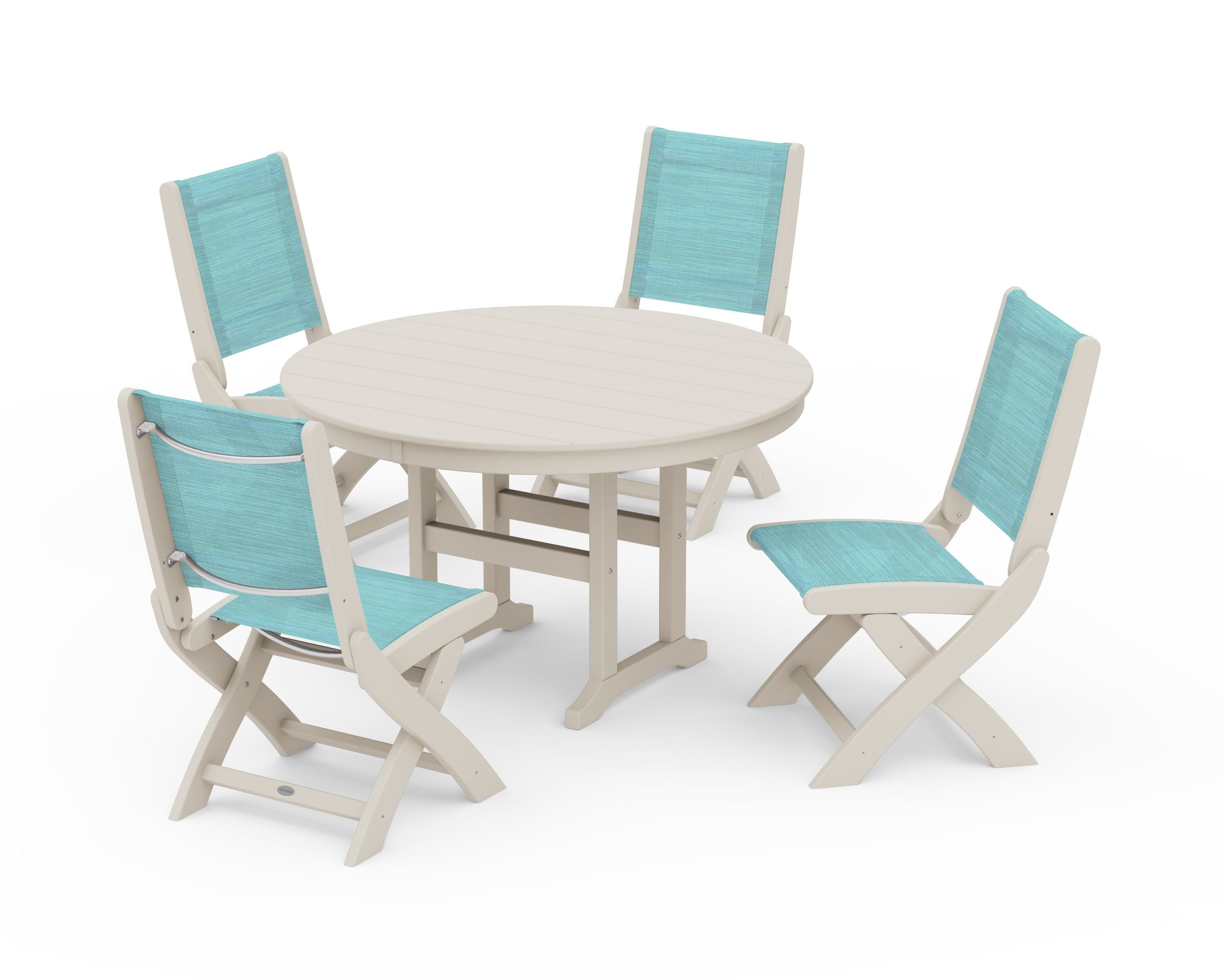 POLYWOOD Coastal Folding Side Chair 5-Piece Round Dining Set in Sand / Dupioni Aquamarine Sling