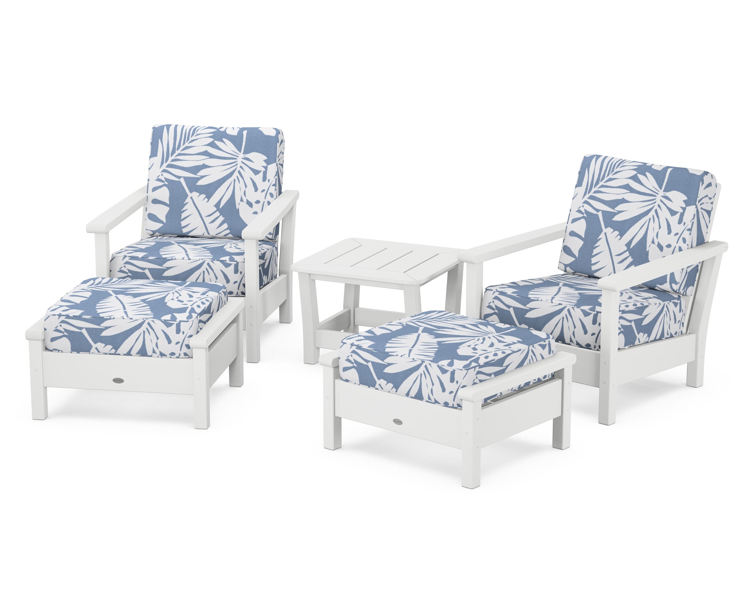 POLYWOOD Harbour 5-Piece Deep Seating Chair Set in White / Leaf Sky Blue