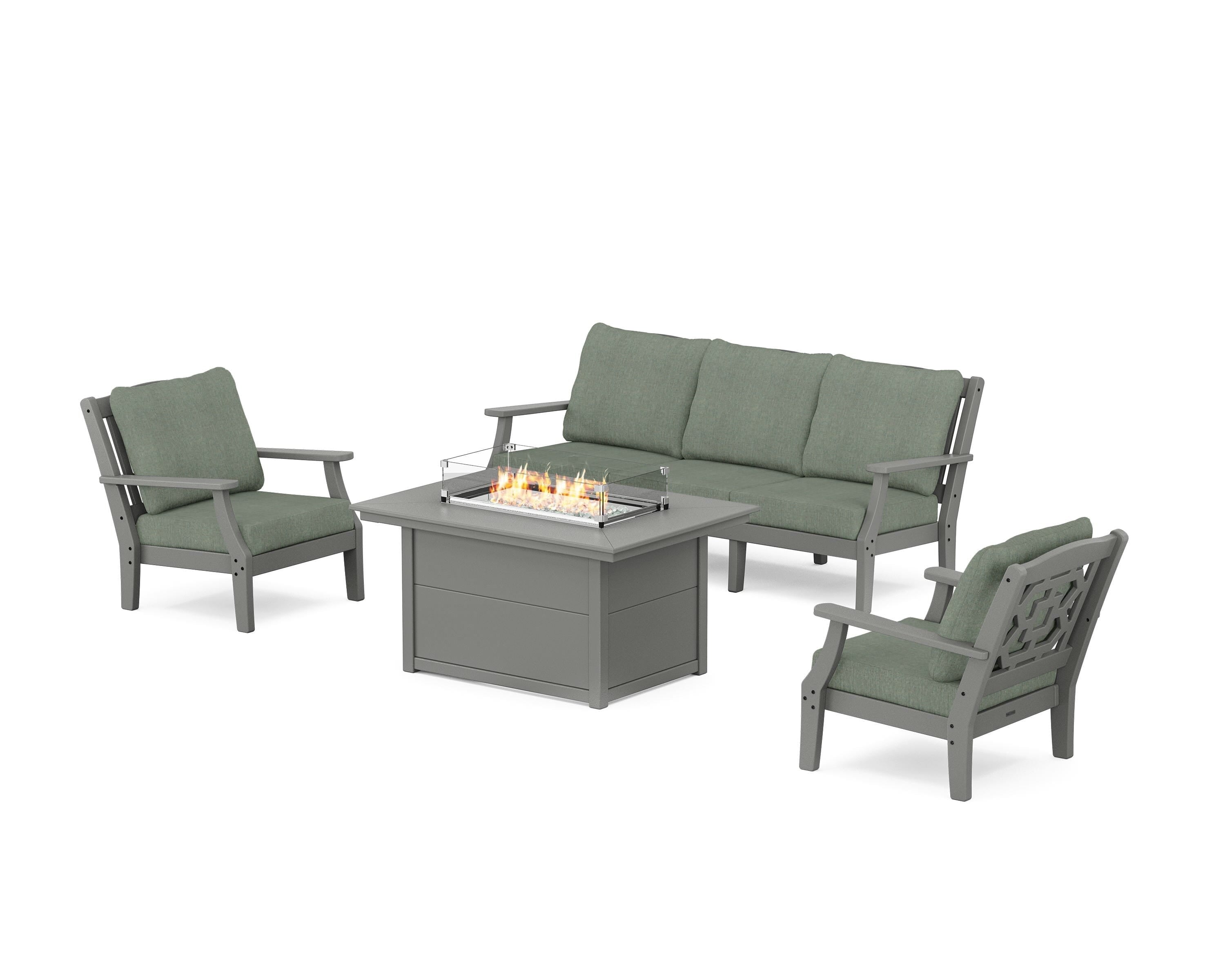 Martha Stewart by POLYWOOD Chinoiserie Deep Seating Fire Pit Table Set in Slate Grey / Cast Sage