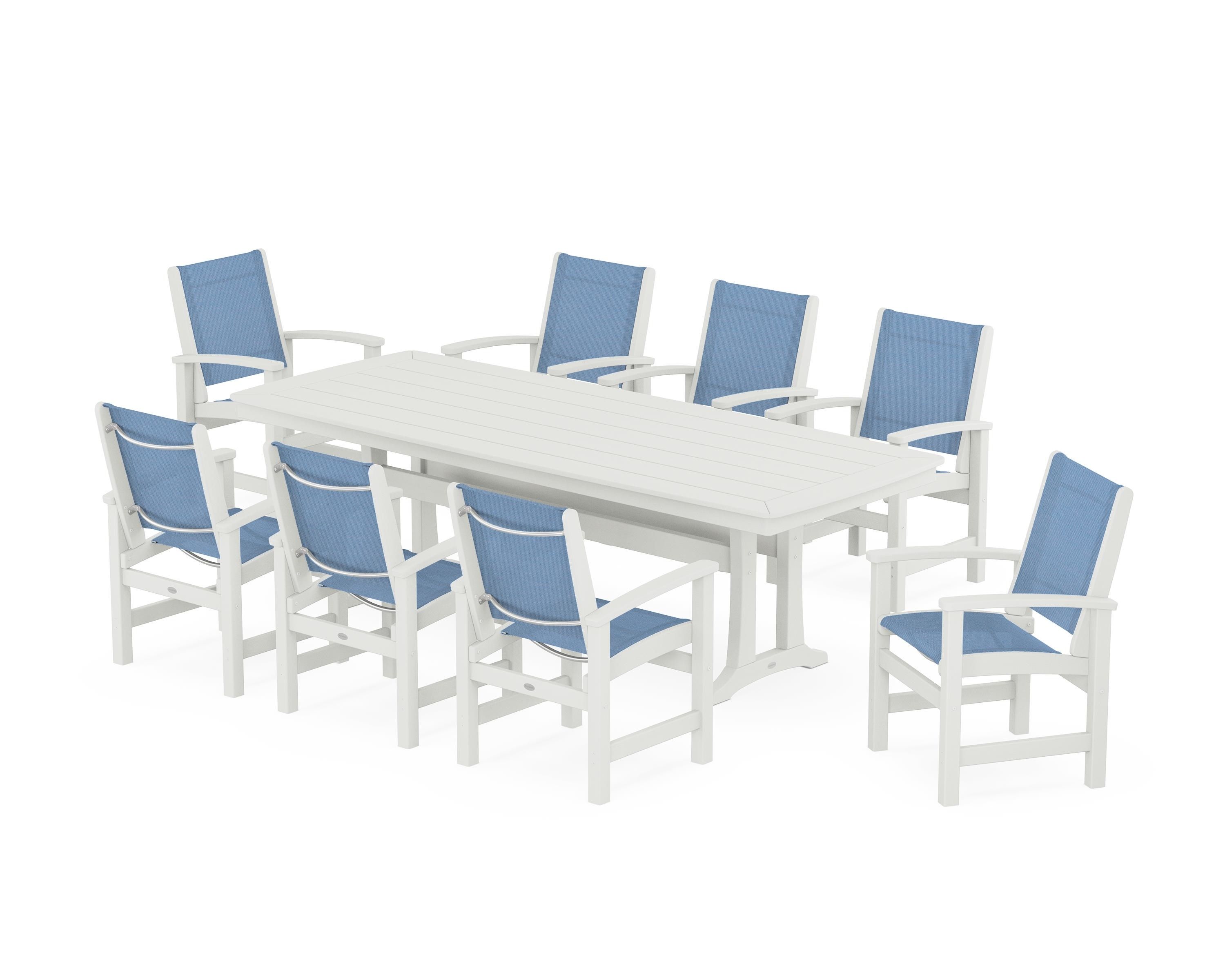 POLYWOOD Coastal 9-Piece Dining Set with Trestle Legs in Vintage White / Poolside Sling