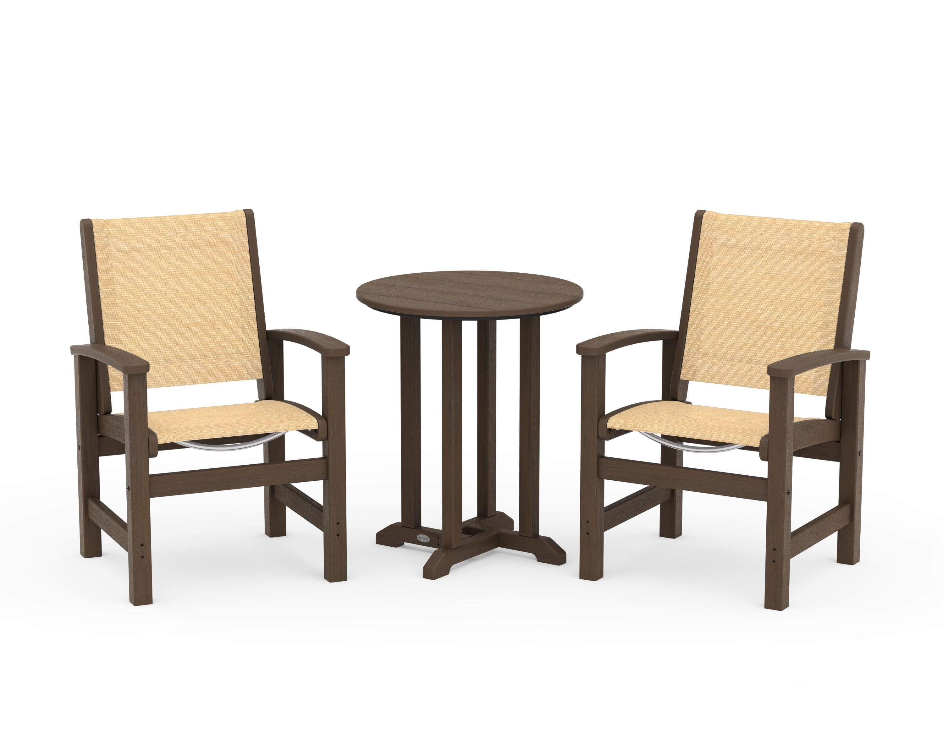 POLYWOOD Coastal 3-Piece Round Bistro Dining Set in Kona / Dupioni Apricot Sling