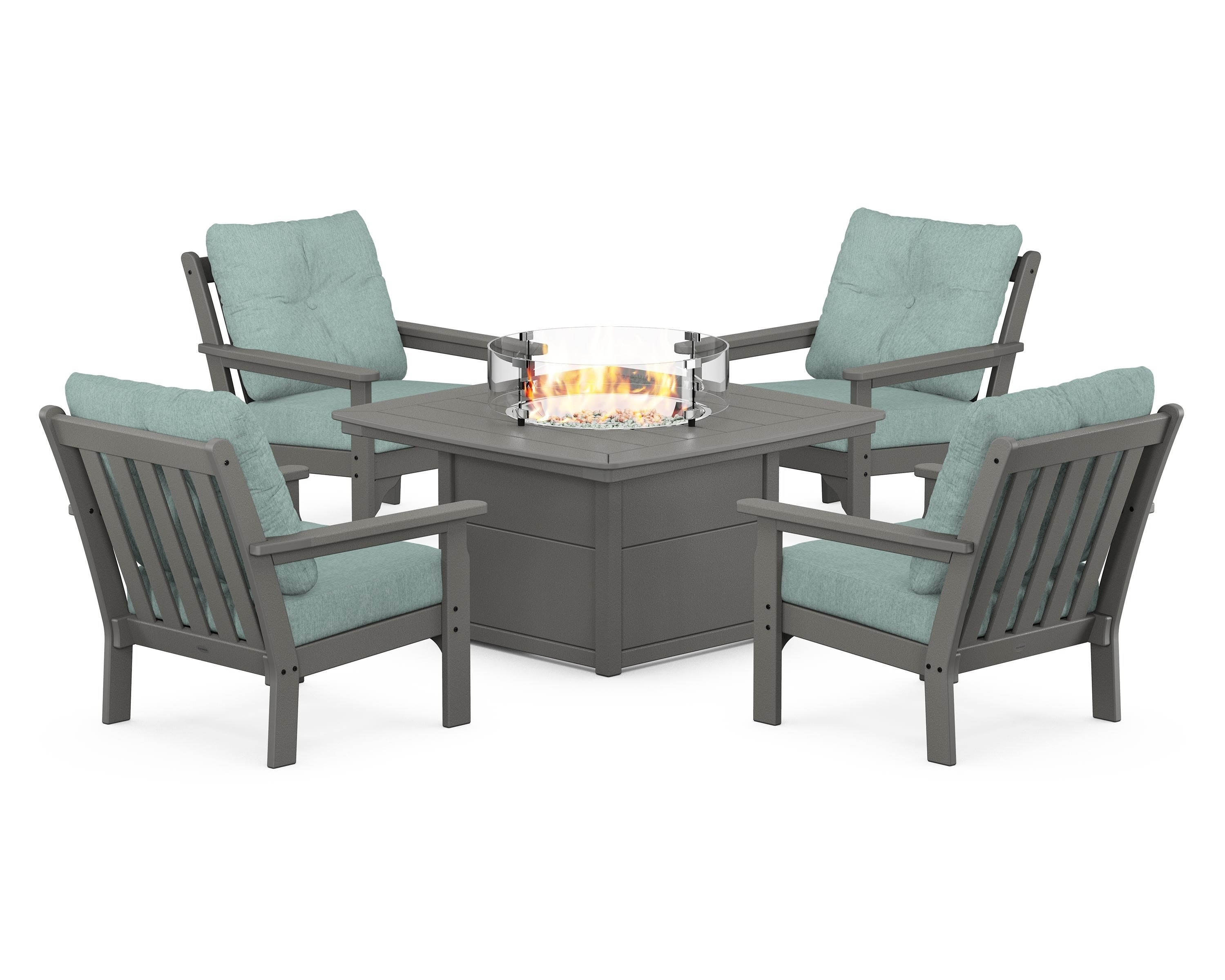 POLYWOOD Vineyard 5-Piece Conversation Set with Fire Pit Table in Slate Grey / Glacier Spa