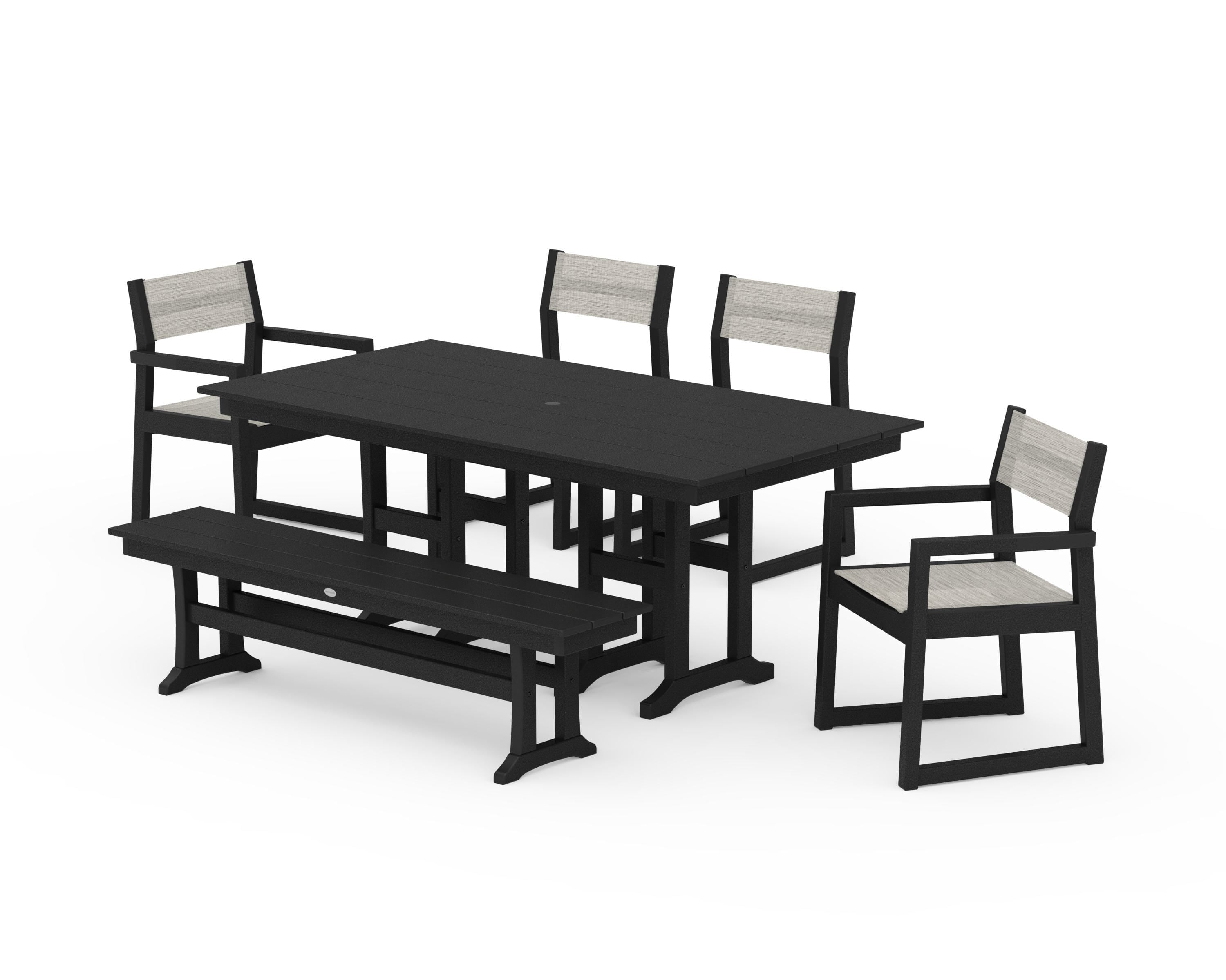 POLYWOOD EDGE Sling 6-Piece Farmhouse Dining Set in Black / Birch Sling