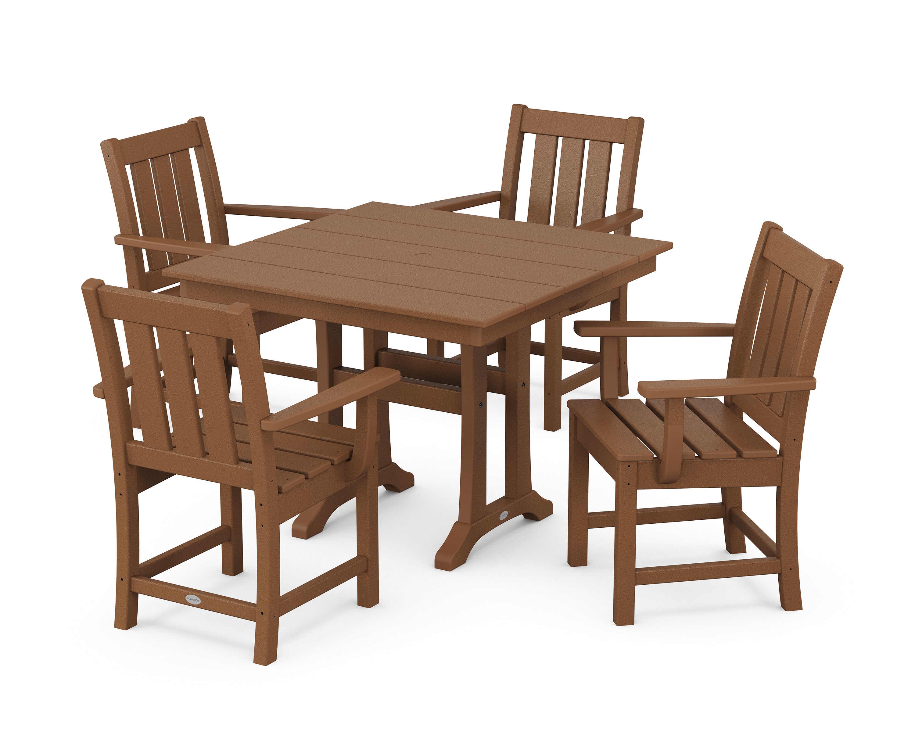 POLYWOOD® Oxford 5-Piece Farmhouse Dining Set with Trestle Legs in Teak