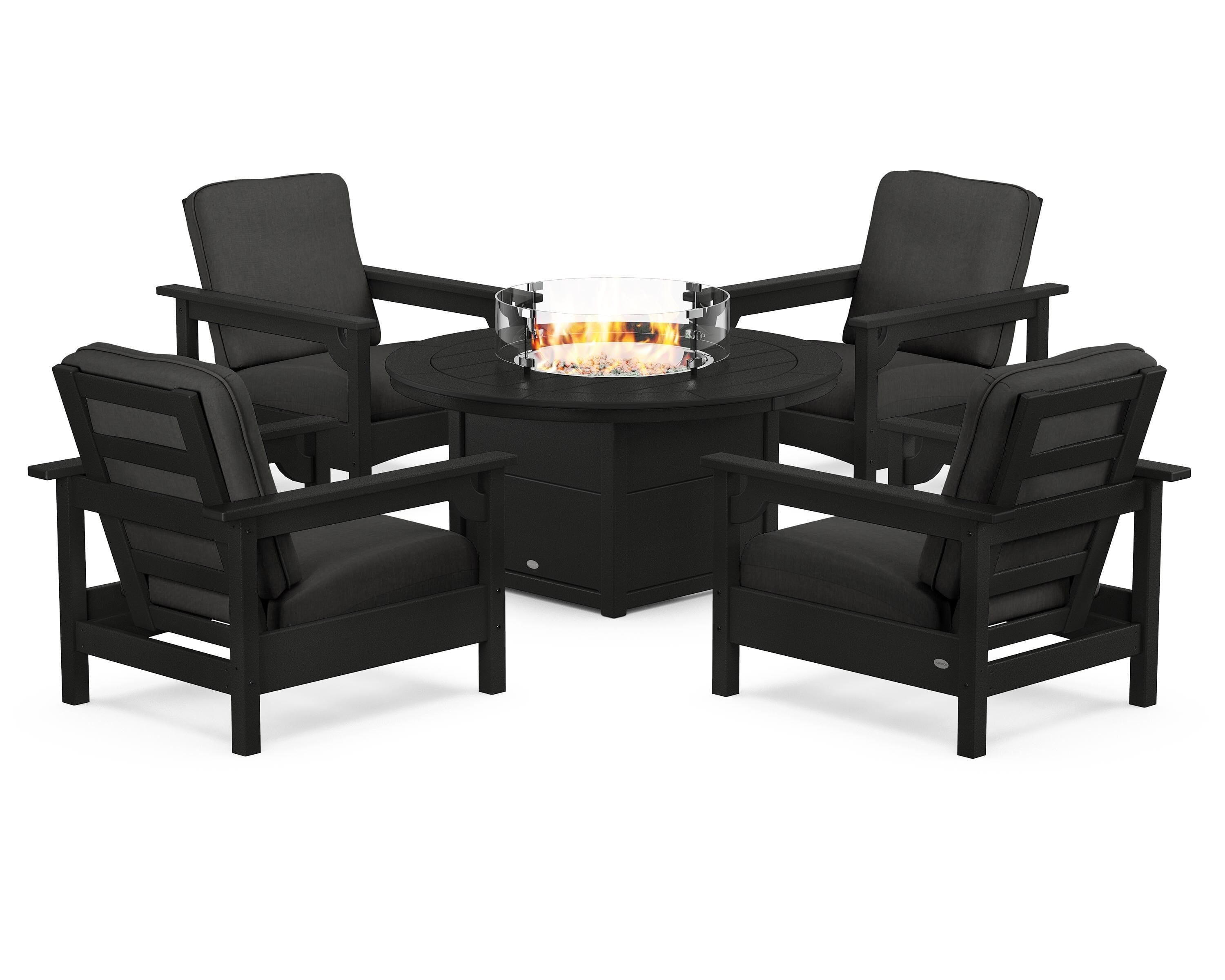 POLYWOOD Club 5-Piece Conversation Set with Fire Pit Table in Black / Spectrum Carbon