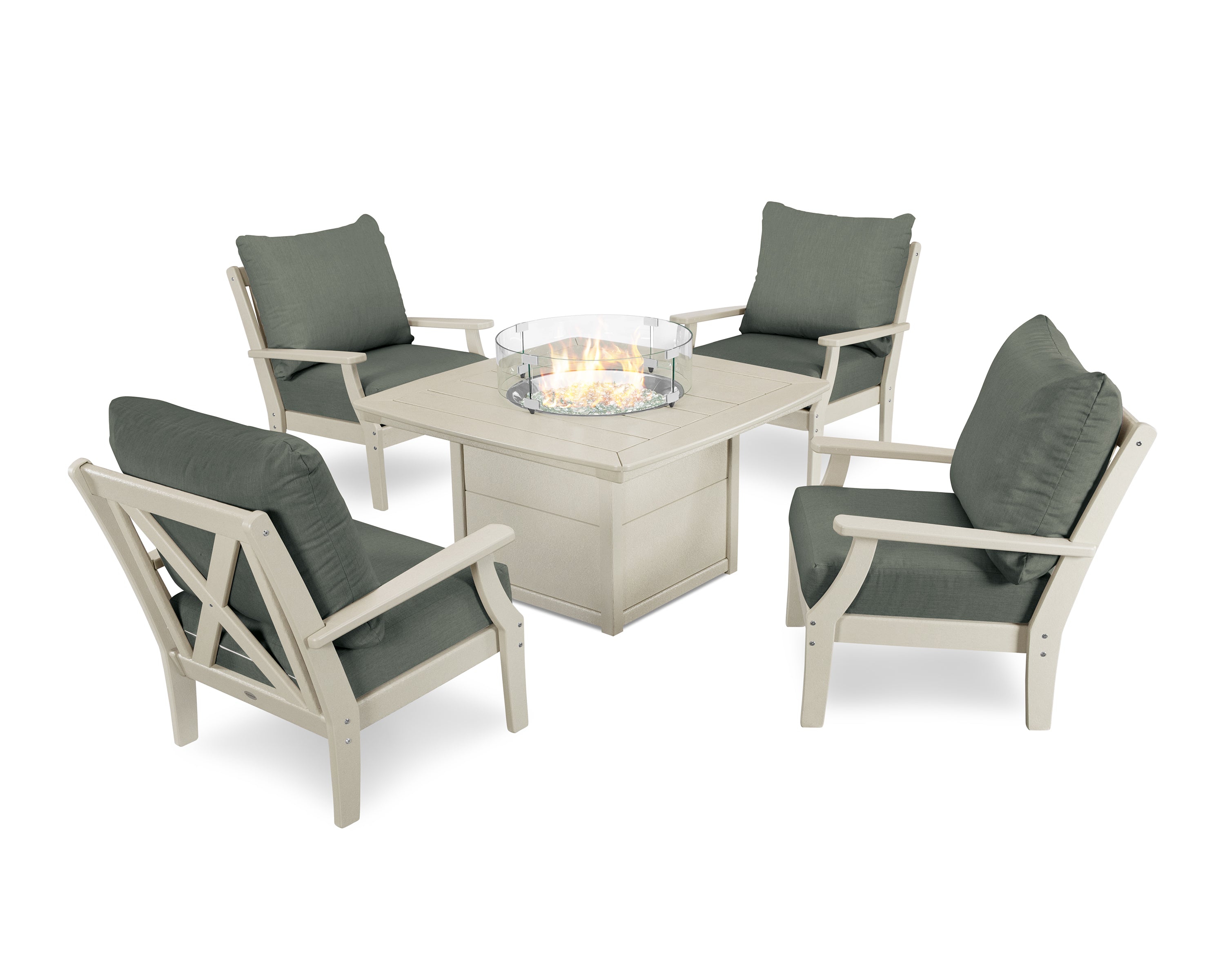 POLYWOOD Braxton 5-Piece Deep Seating Conversation Set with Fire Pit Table in Sand / Cast Sage