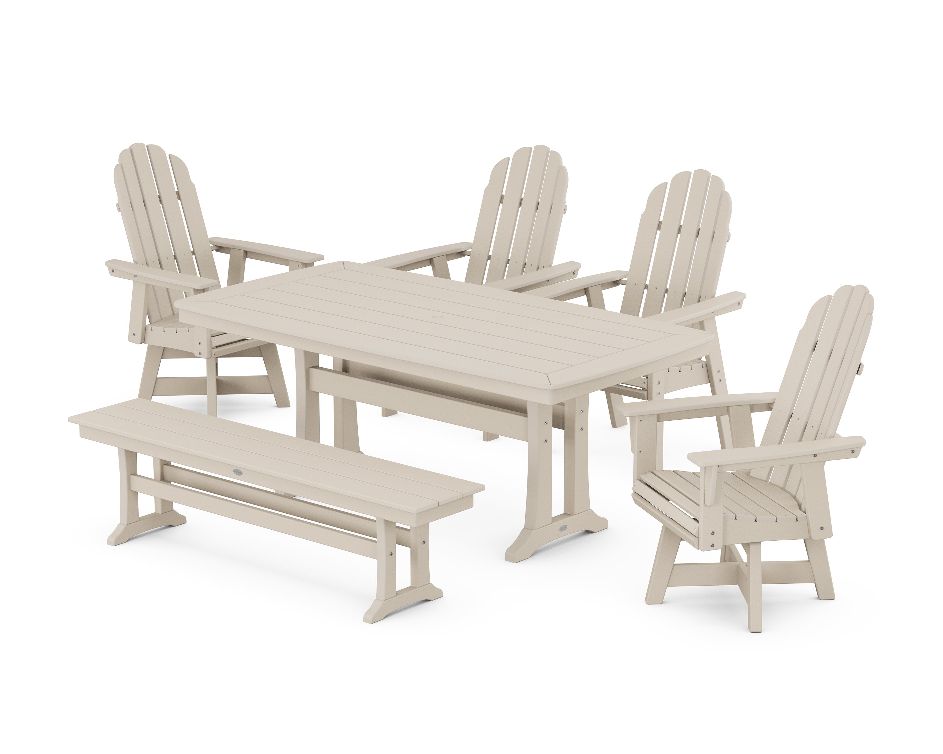 POLYWOOD® Vineyard Curveback Adirondack Swivel Chair 6-Piece Dining Set with Trestle Legs and Bench in Sand