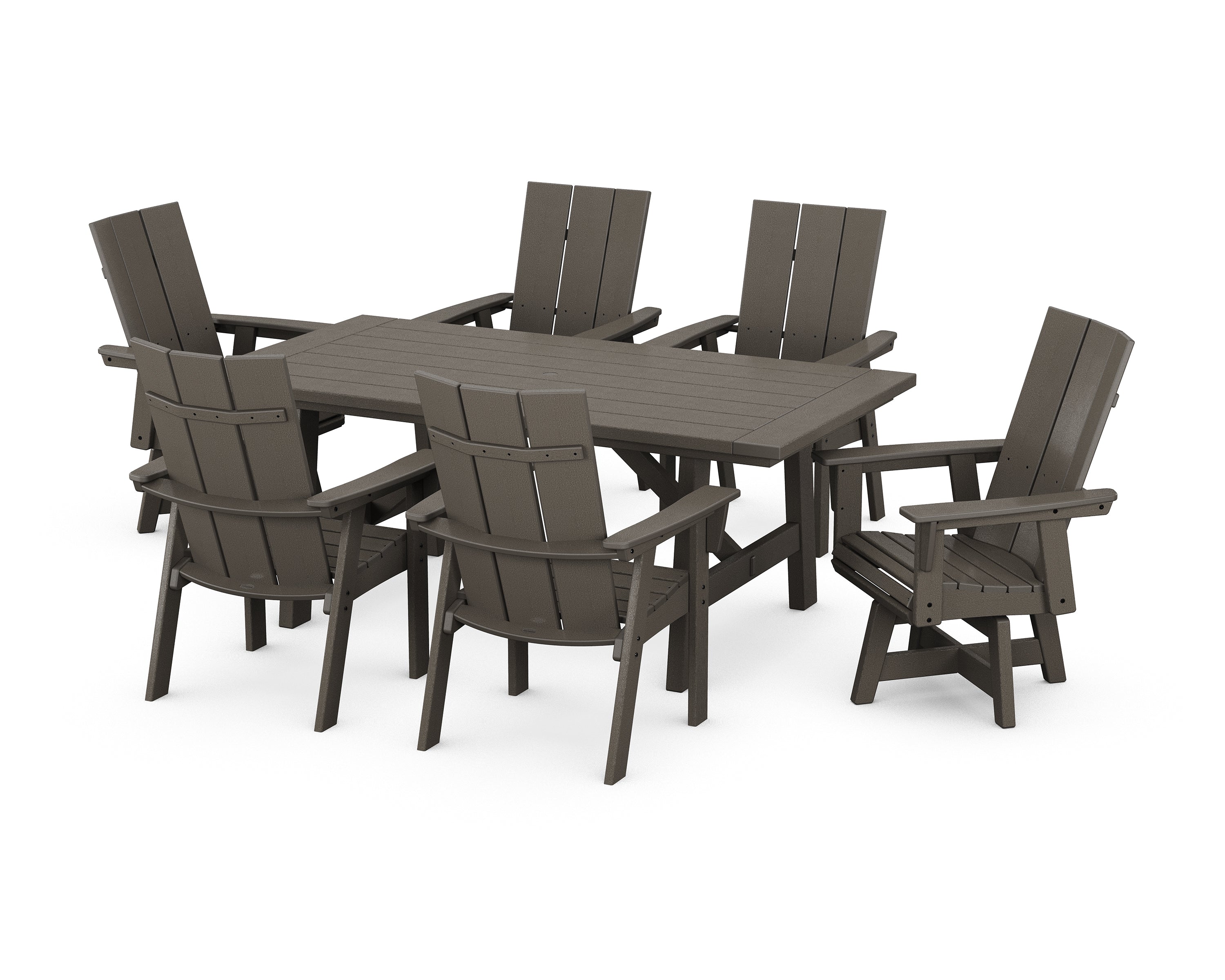 POLYWOOD® Modern Curveback Adirondack 7-Piece Rustic Farmhouse Swivel Dining Set in Vintage Coffee