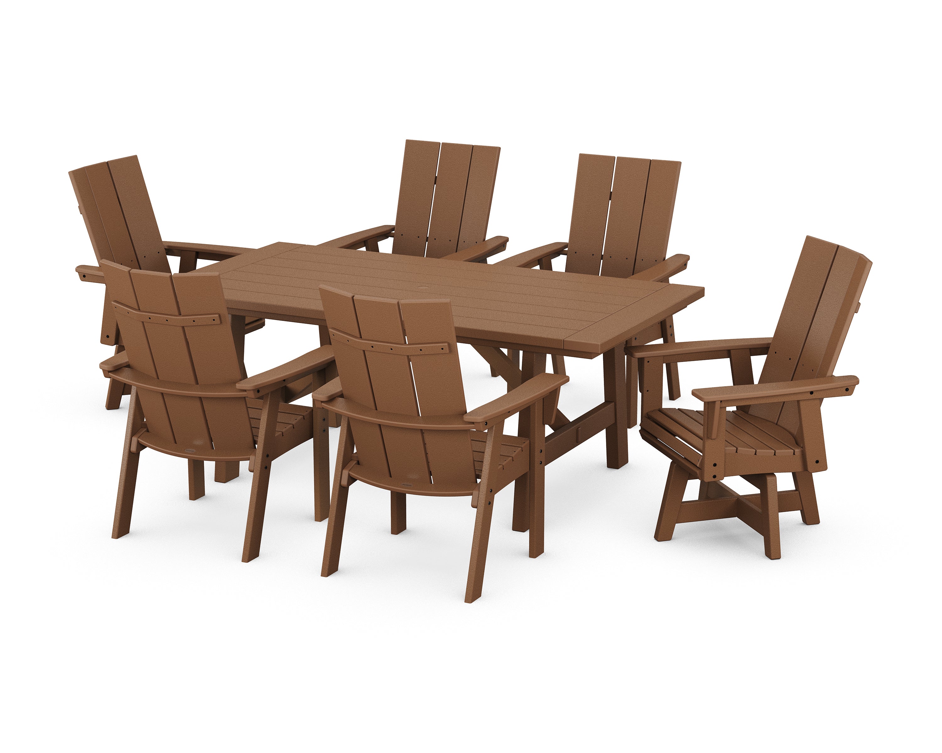 POLYWOOD® Modern Curveback Adirondack 7-Piece Rustic Farmhouse Swivel Dining Set in Teak