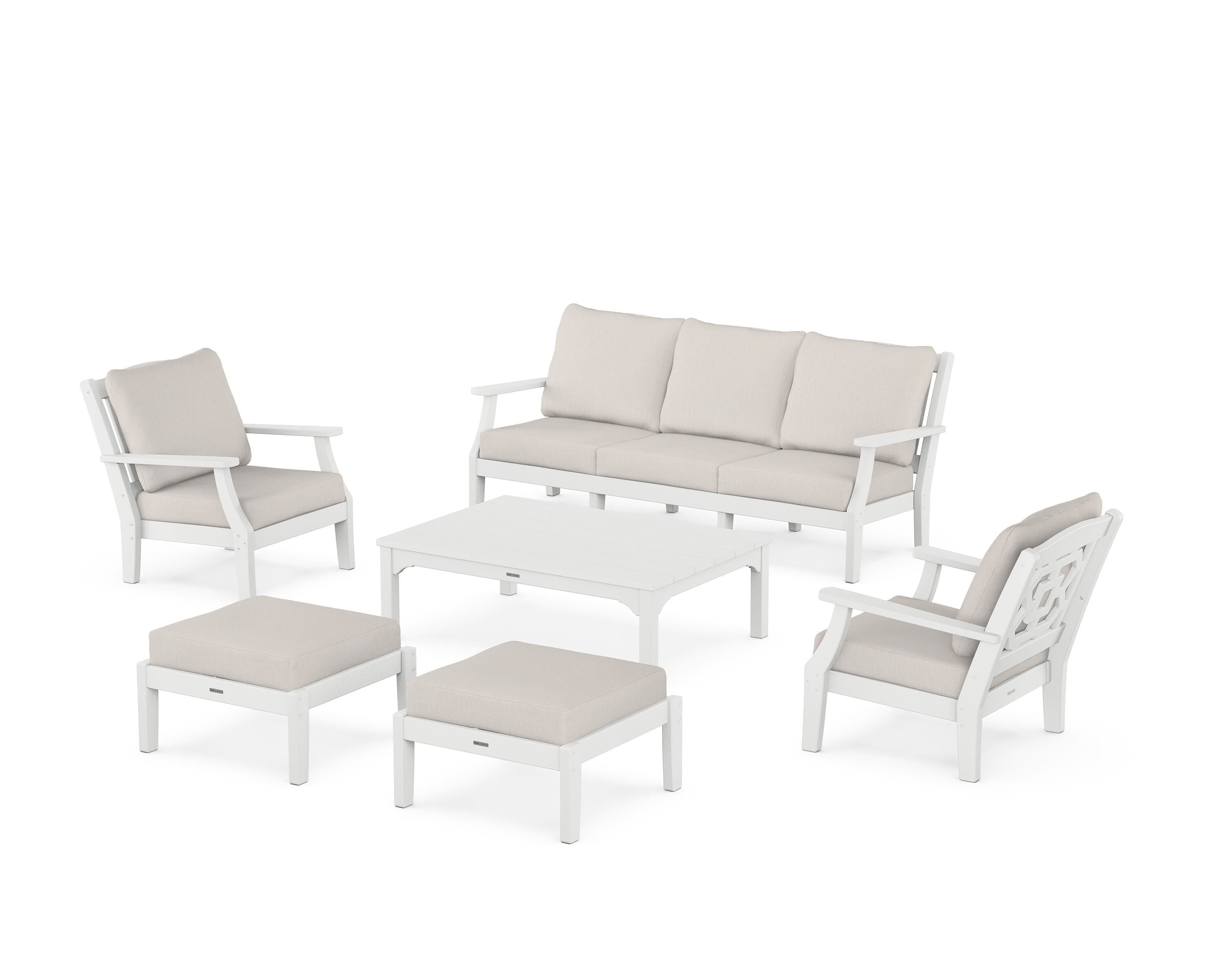 Martha Stewart by POLYWOOD Chinoiserie 6-Piece Lounge Sofa Set in White / Cast Ash