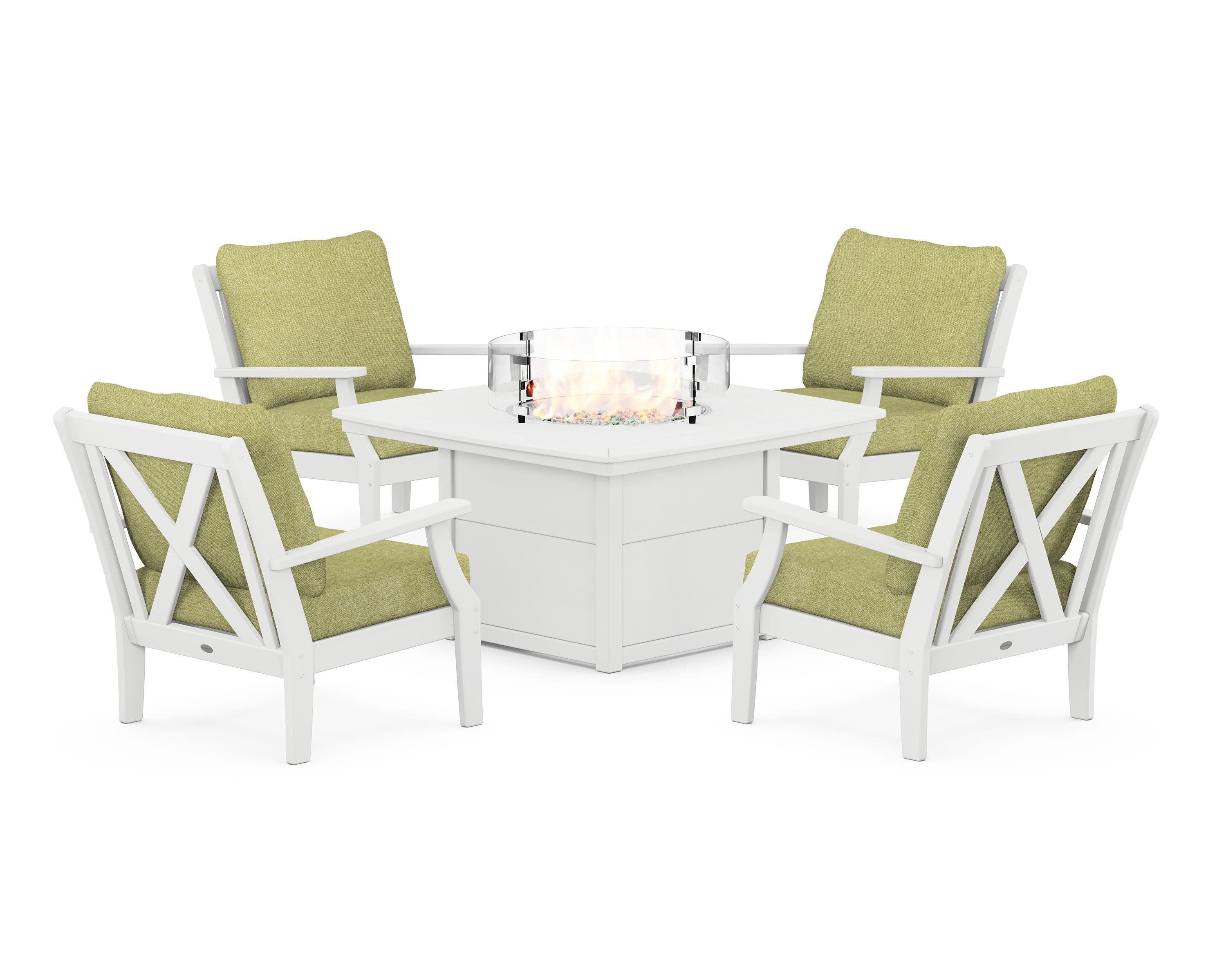 POLYWOOD Braxton 5-Piece Deep Seating Conversation Set with Fire Pit Table in White / Chartreuse Boucle