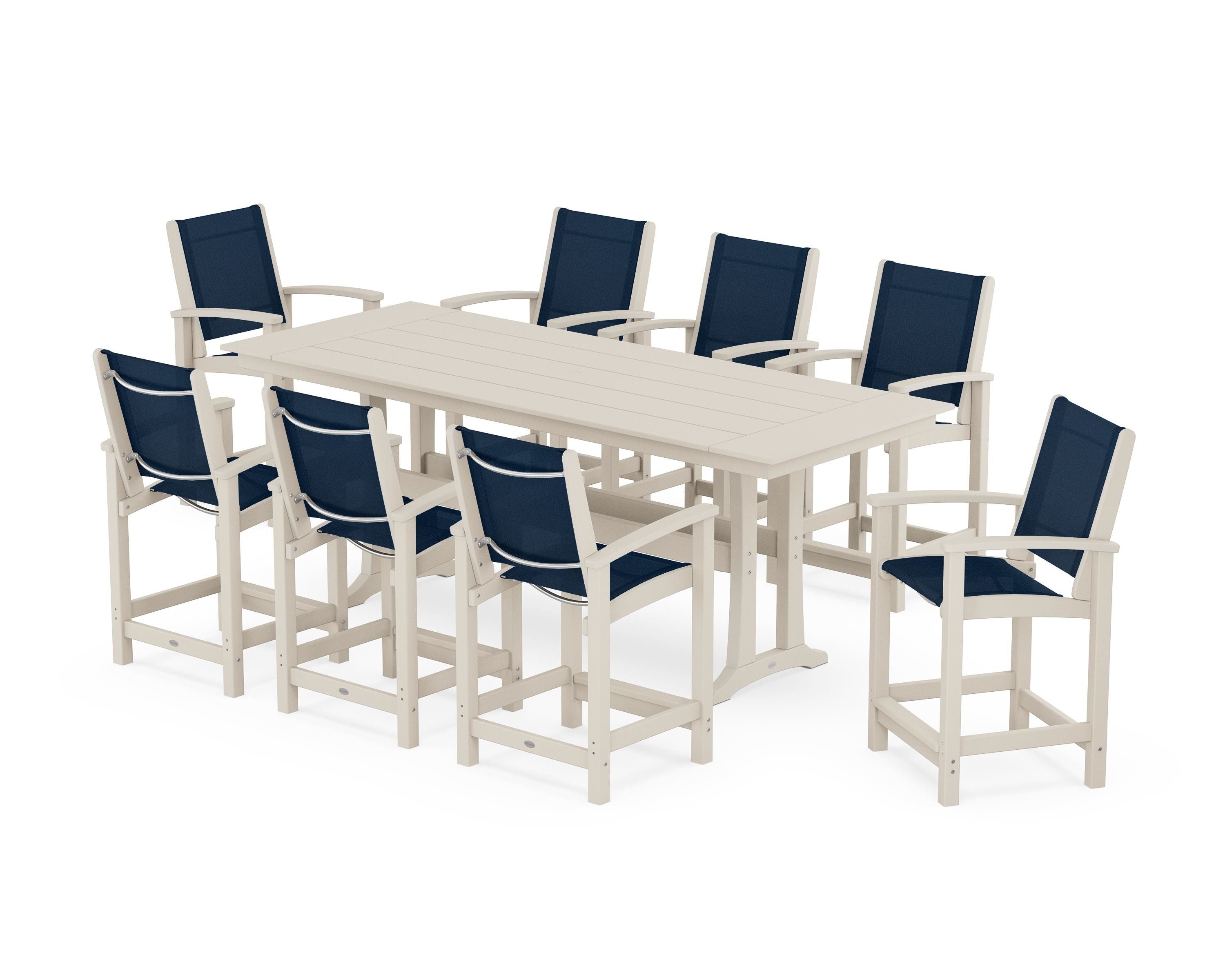POLYWOOD Coastal 9-Piece Farmhouse Counter Set with Trestle Legs in Sand / Navy Blue Sling