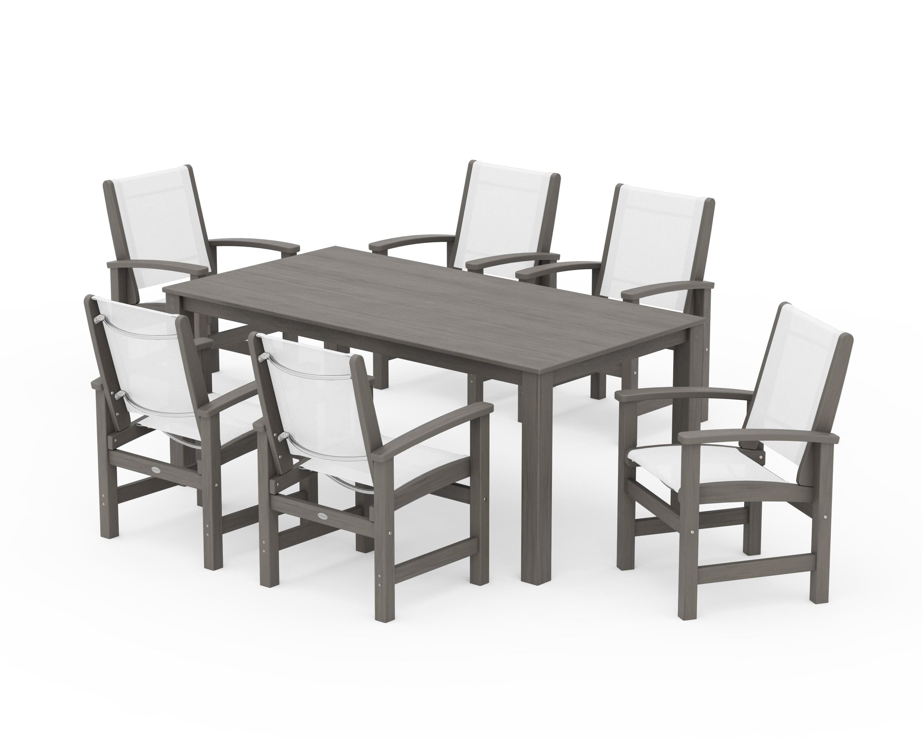 POLYWOOD Coastal 7-Piece Parsons Dining Set in Driftwood / White Sling