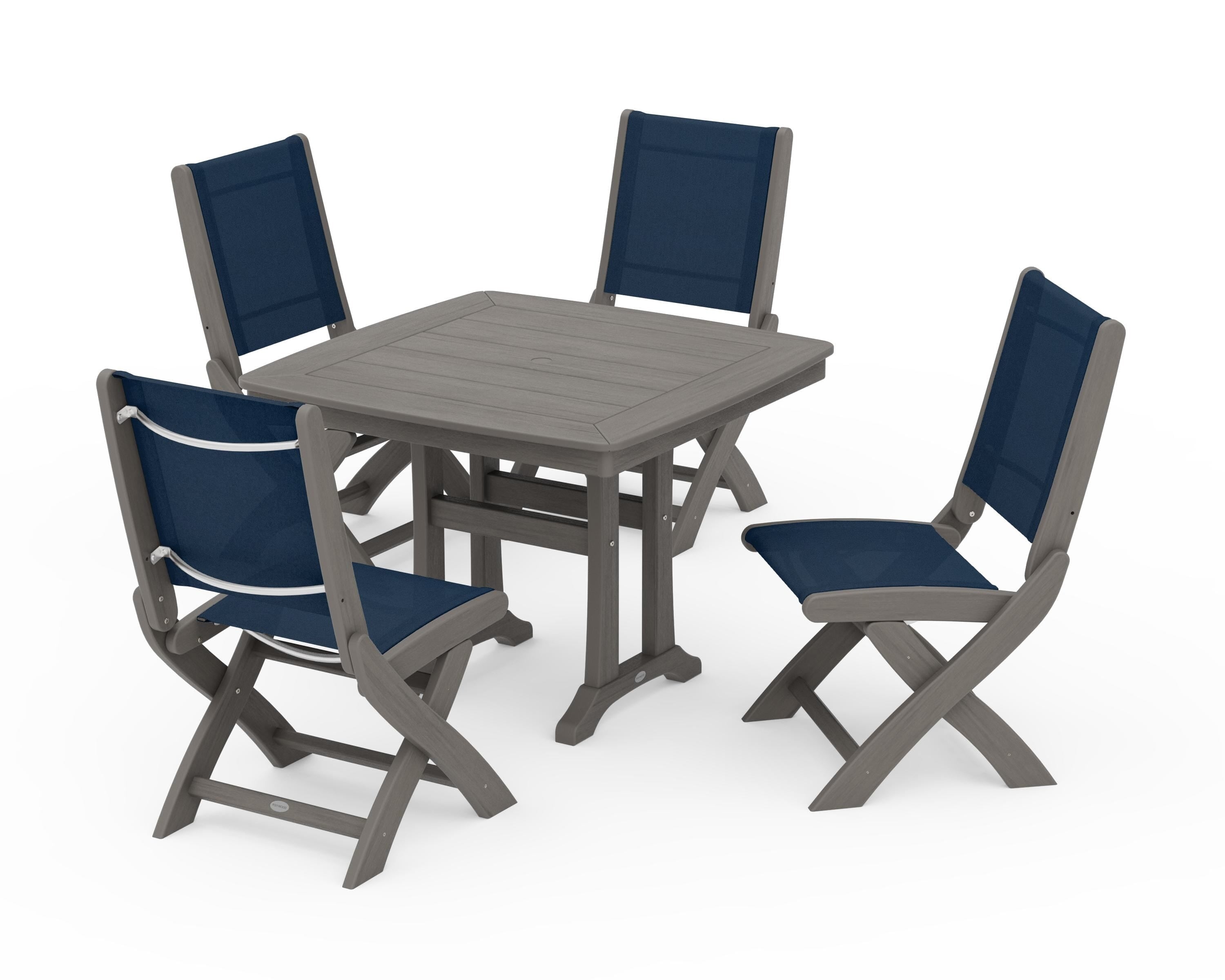 POLYWOOD Coastal Folding Side Chair 5-Piece Dining Set with Trestle Legs in Driftwood / Navy Blue Sling
