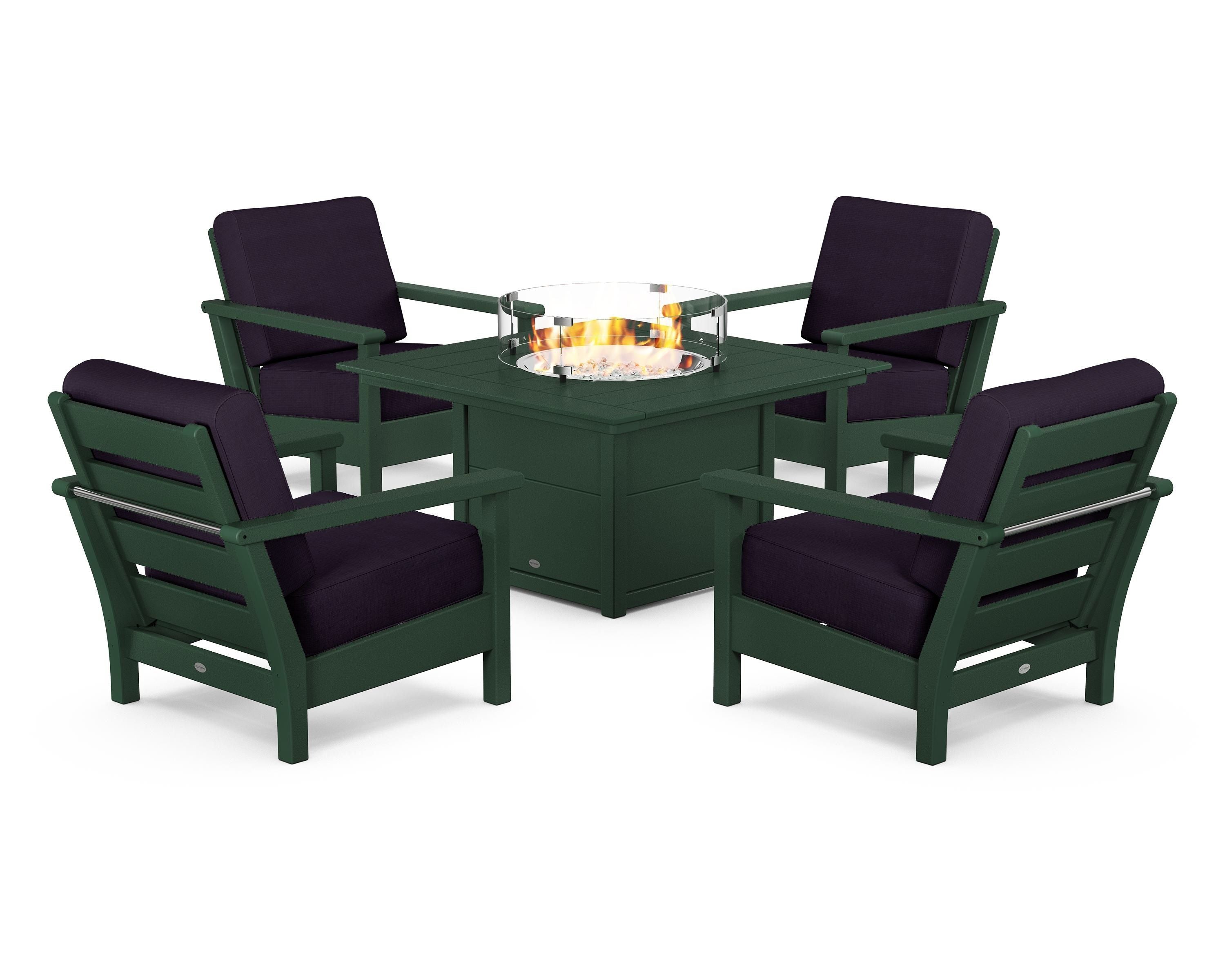 POLYWOOD Harbour 5-Piece Conversation Set with Fire Pit Table in Green / Navy Linen