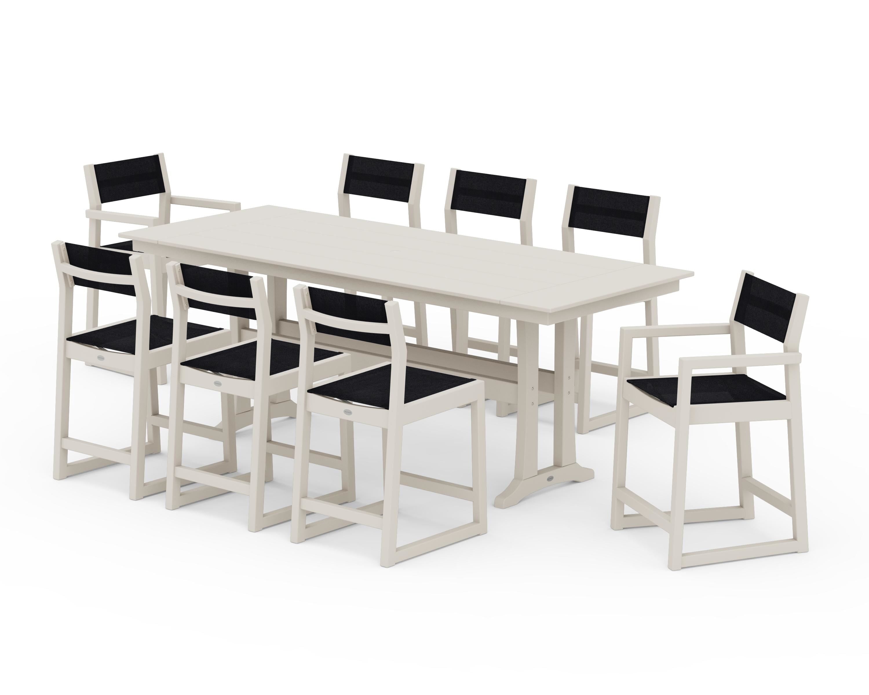 POLYWOOD EDGE Sling 9-Piece Farmhouse Counter Set with Trestle Legs in Sand / Black Sling