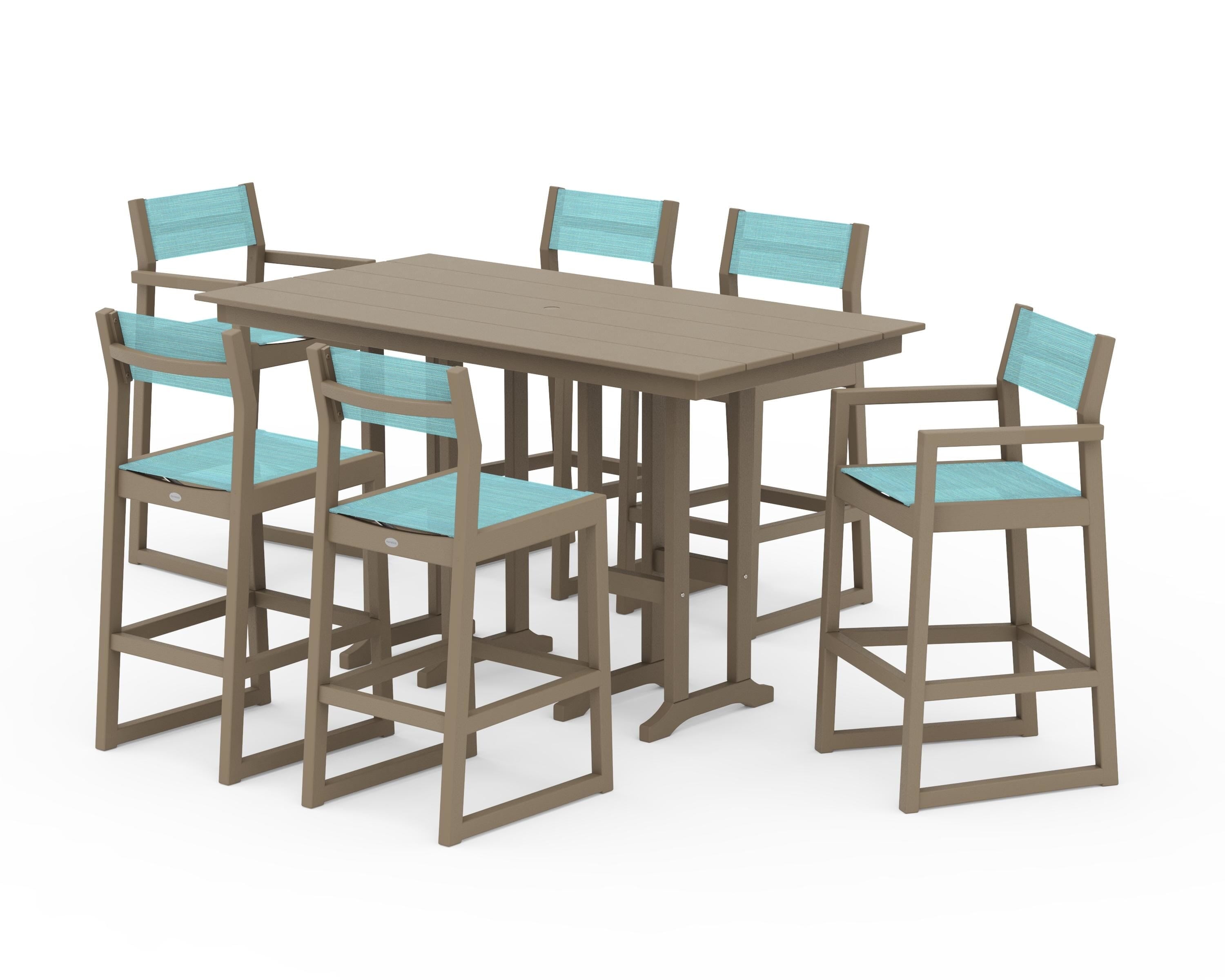 POLYWOOD EDGE Sling 7-Piece Farmhouse Bar Set in Vintage Sahara / Dupioni Aquamarine Sling