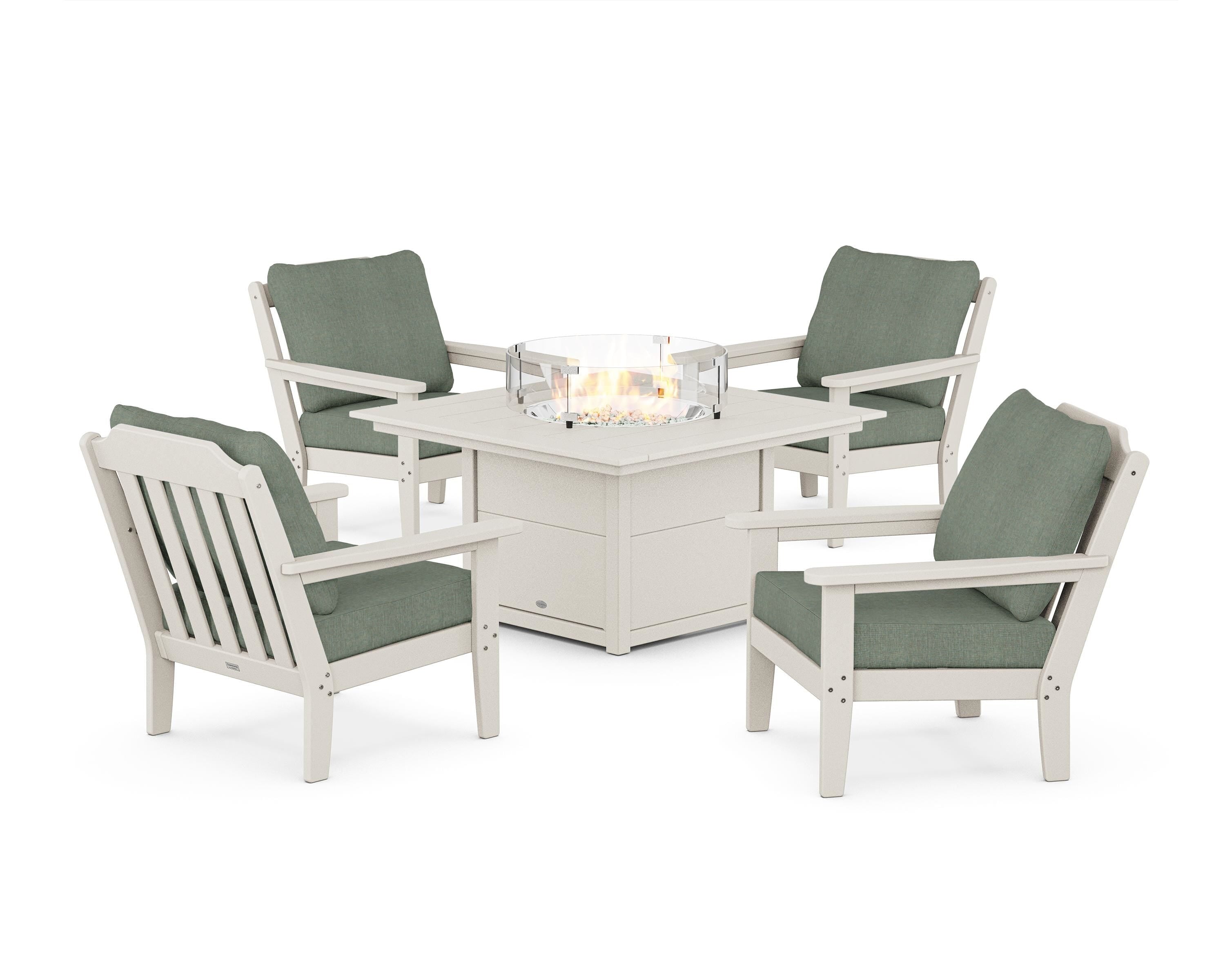 Country Living Cottage 5-Piece Deep Seating Set with Fire Pit Table in Sand / Cast Sage