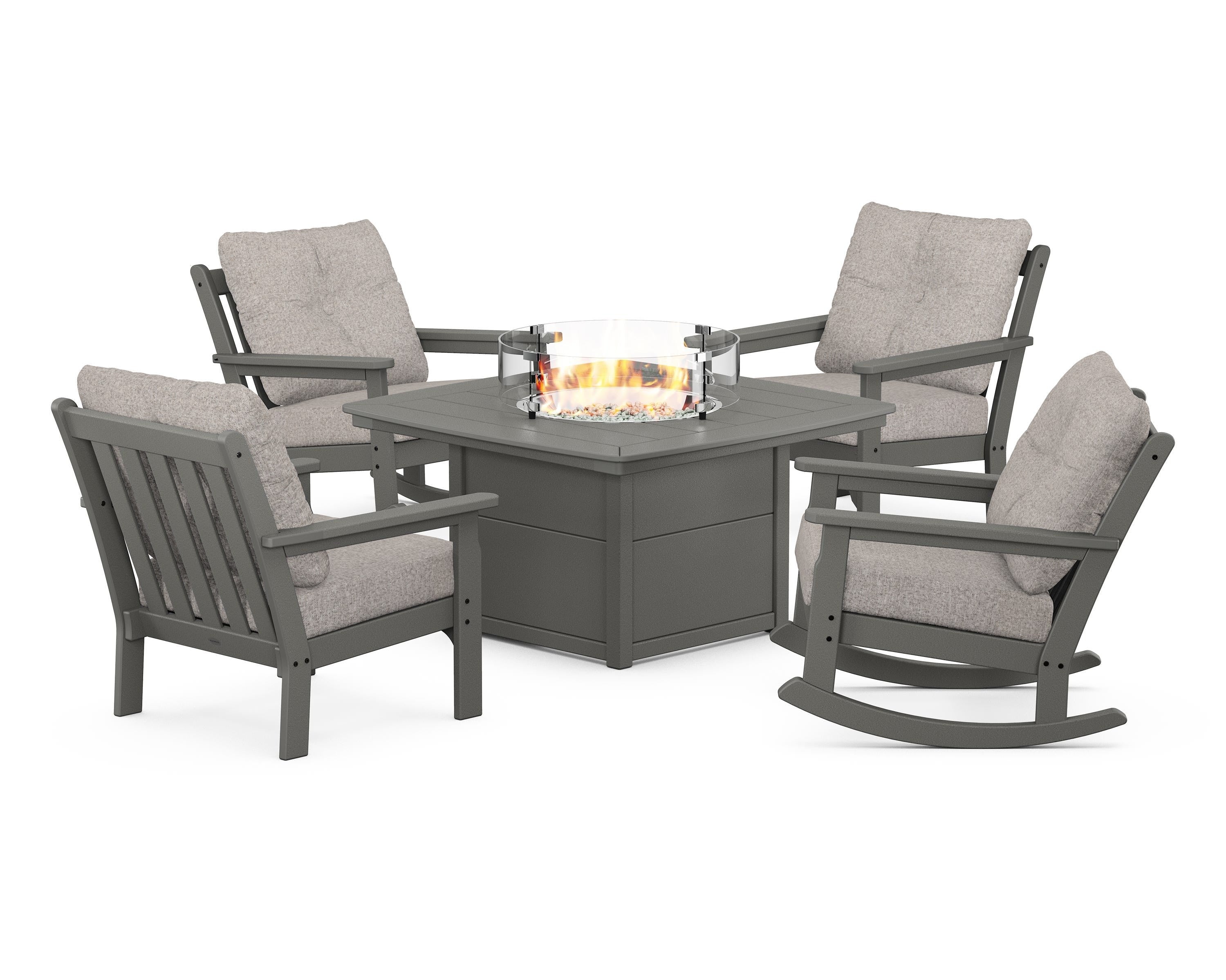 POLYWOOD Vineyard 5-Piece Deep Seating Rocking Chair Conversation Set with Fire Pit Table in Slate Grey / Weathered Tweed