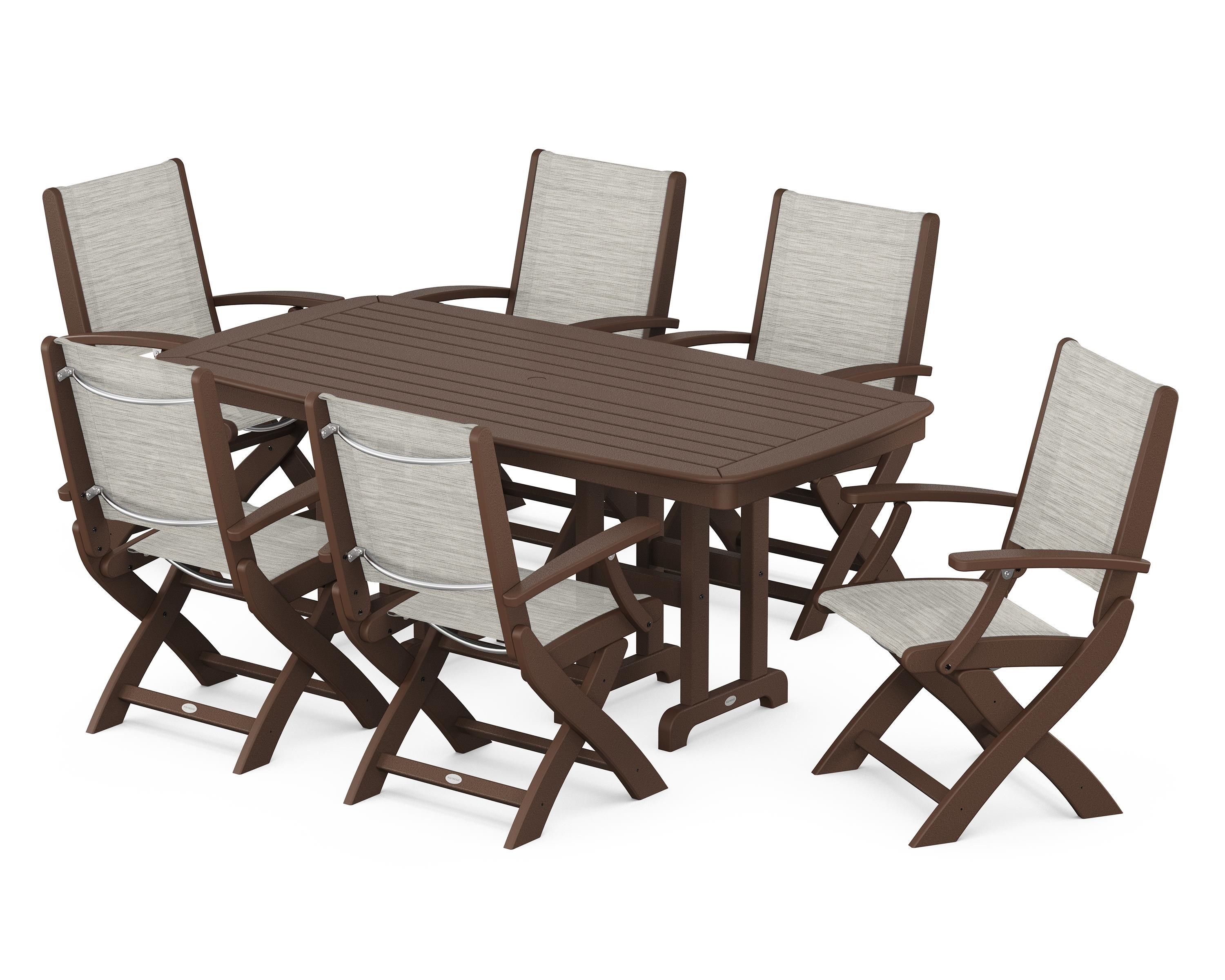 POLYWOOD Coastal Folding Arm Chair 7-Piece Dining Set in Mahogany / Birch Sling