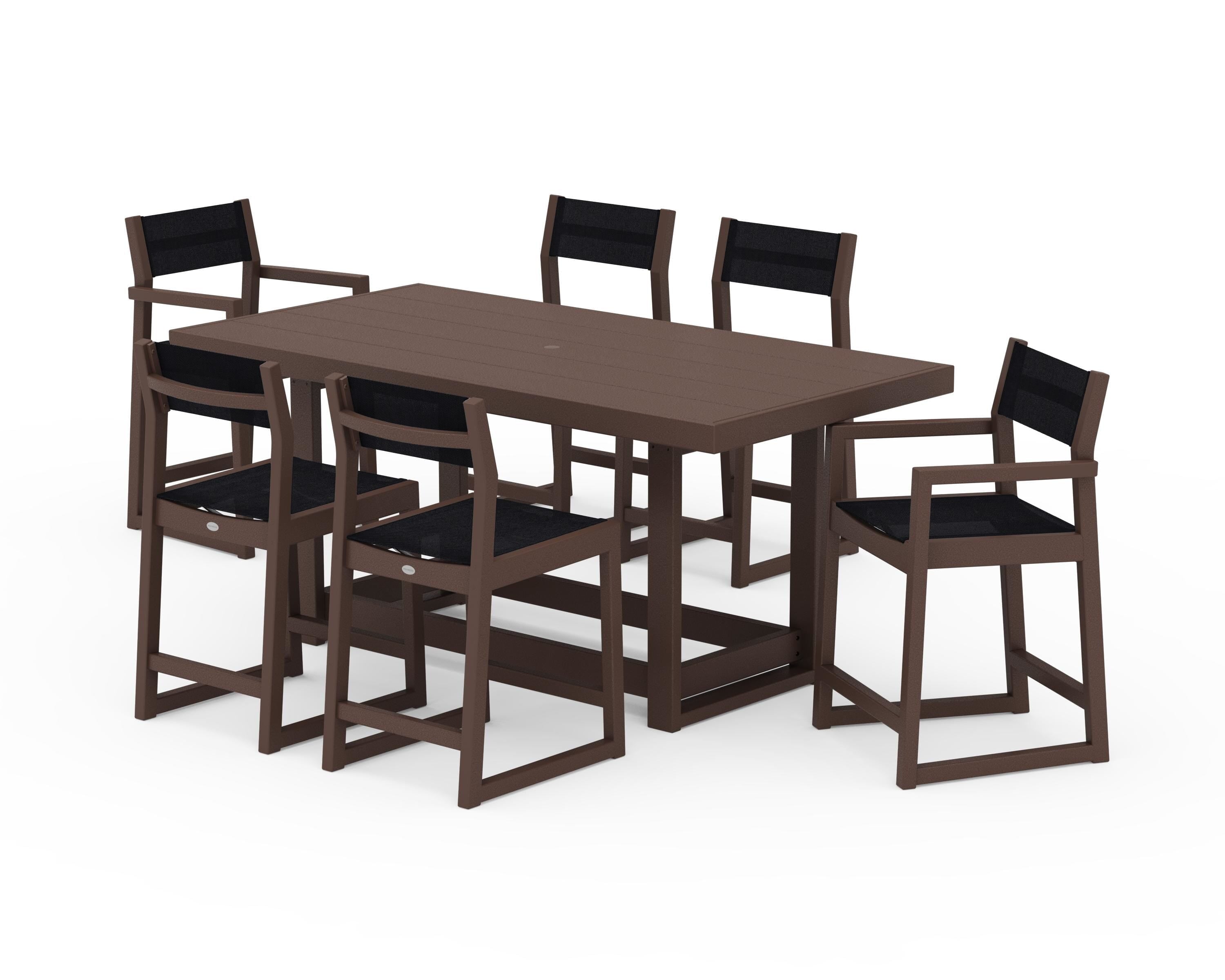 POLYWOOD EDGE Sling 7-Piece Counter Table Set in Mahogany / Black Sling