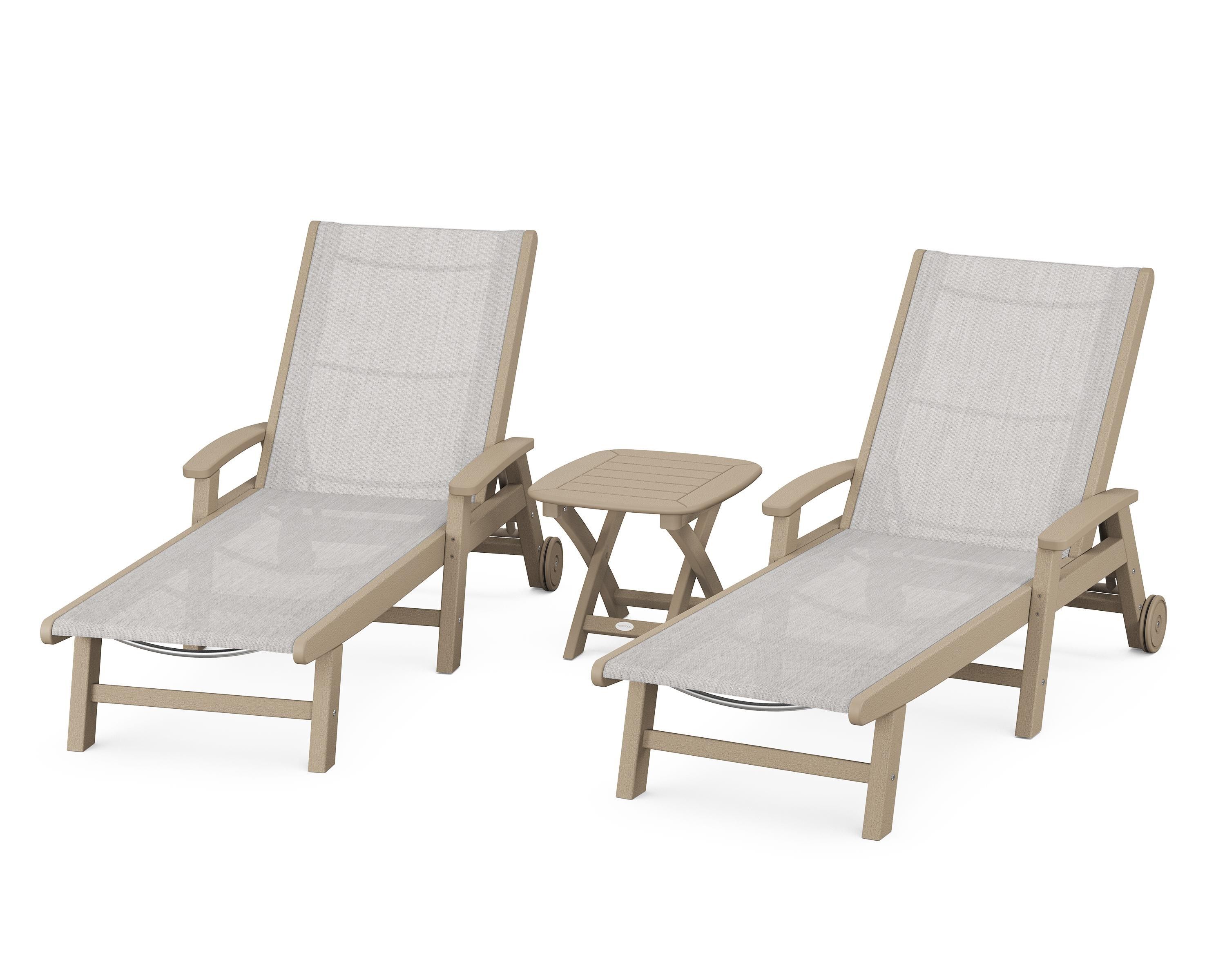 POLYWOOD Coastal 3-Piece Wheeled Chaise Set in Vintage Sahara / Parchment Sling