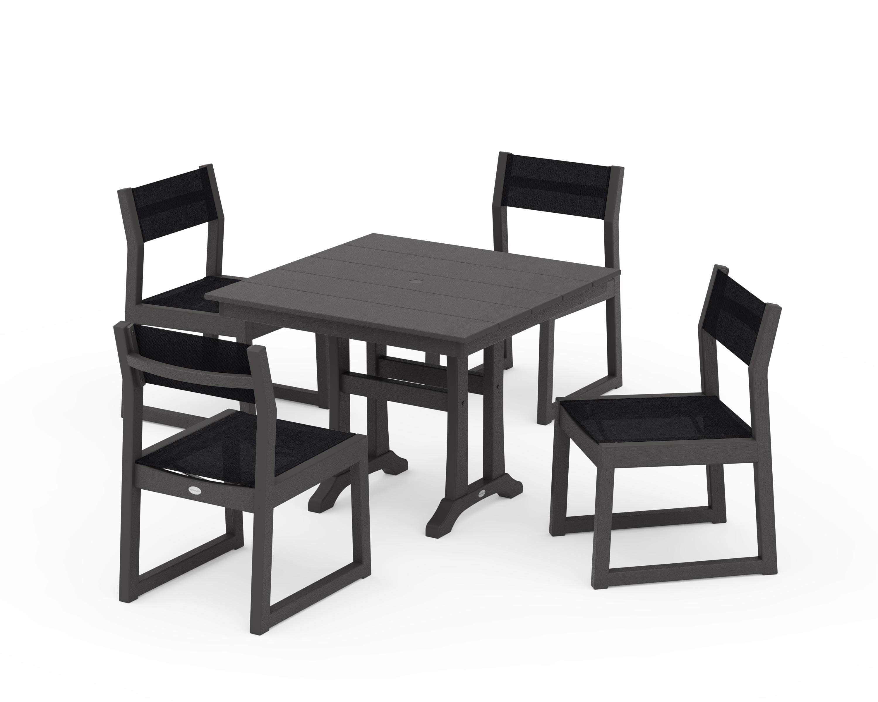 POLYWOOD EDGE Sling 5-Piece Farmhouse Trestle Side Chair Dining Set in Vintage Coffee / Black Sling
