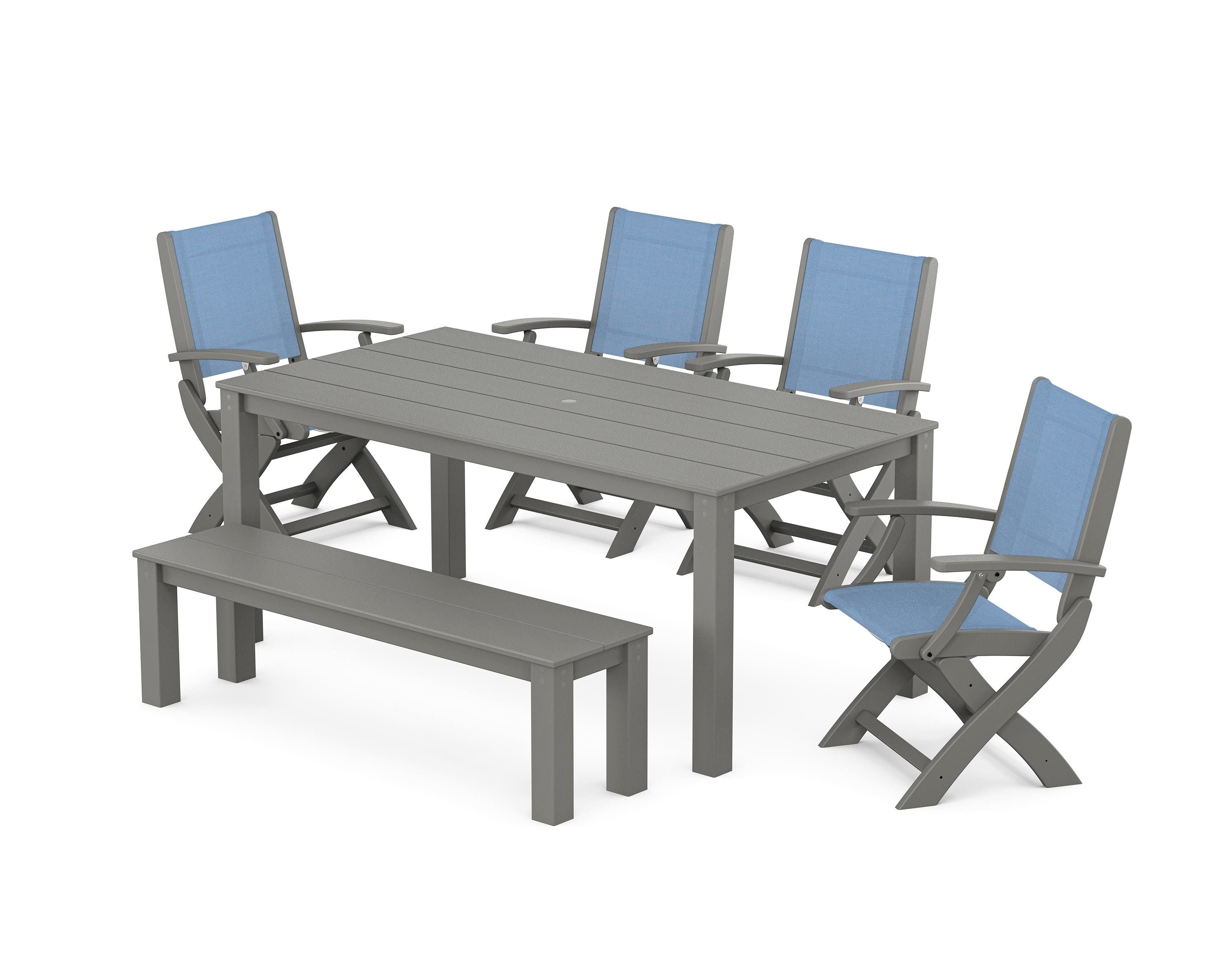 POLYWOOD Coastal Folding Chair 6-Piece Parsons Dining Set with Bench in Slate Grey / Poolside Sling