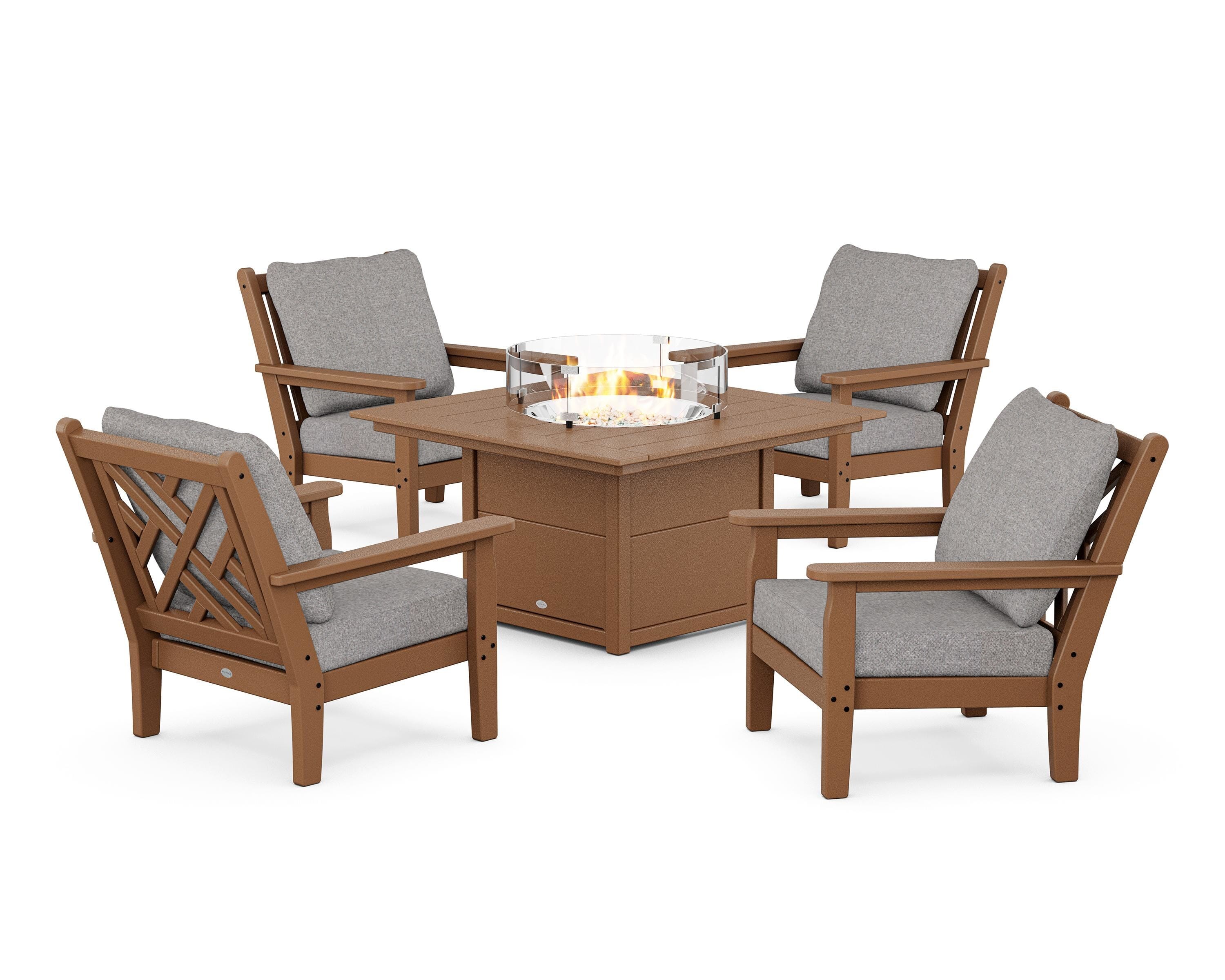 POLYWOOD Chippendale 5-Piece Deep Seating Set with Fire Pit Table in Teak / Grey Mist