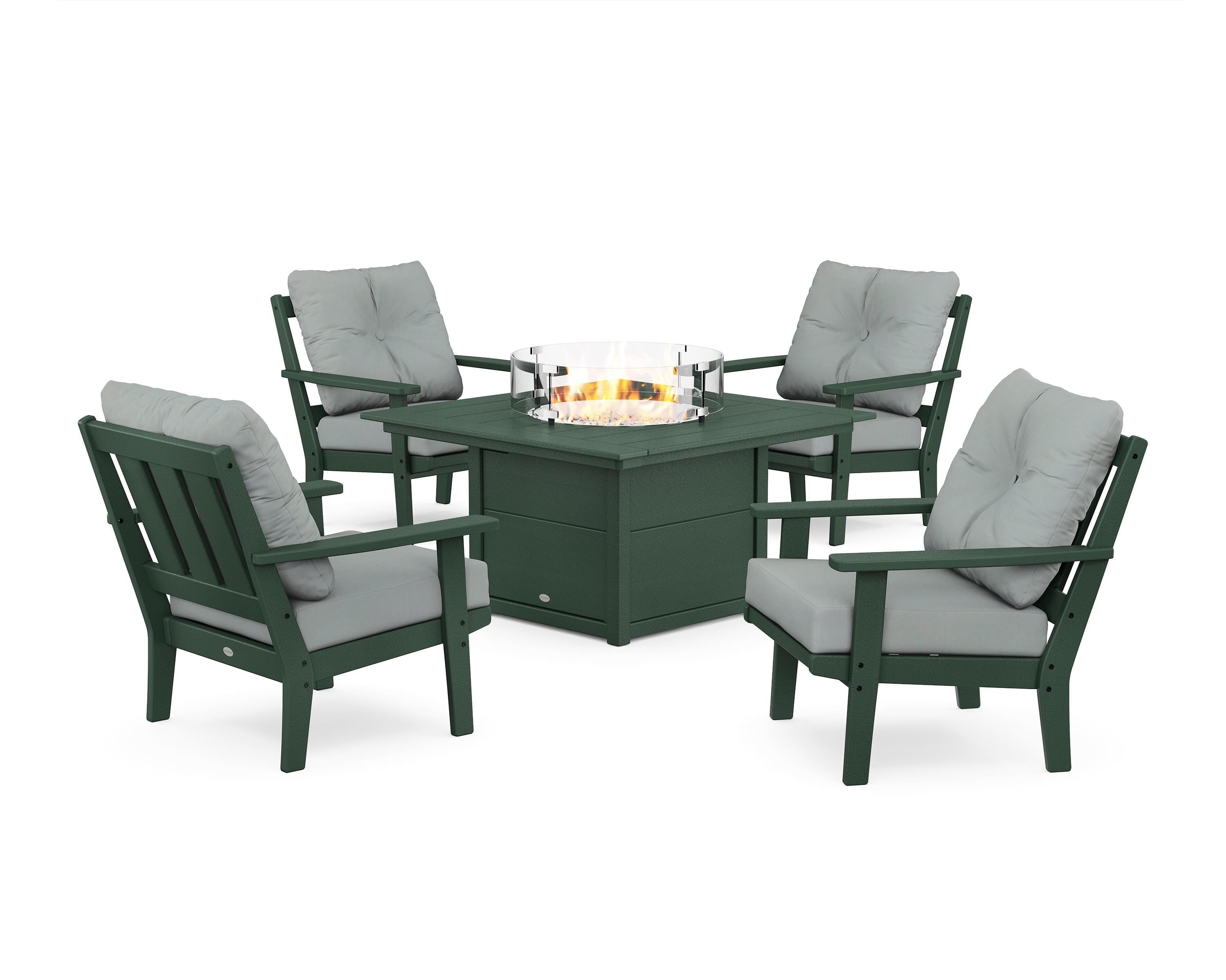 POLYWOOD Oxford 5-Piece Deep Seating Set with Fire Pit Table in Green / Spa