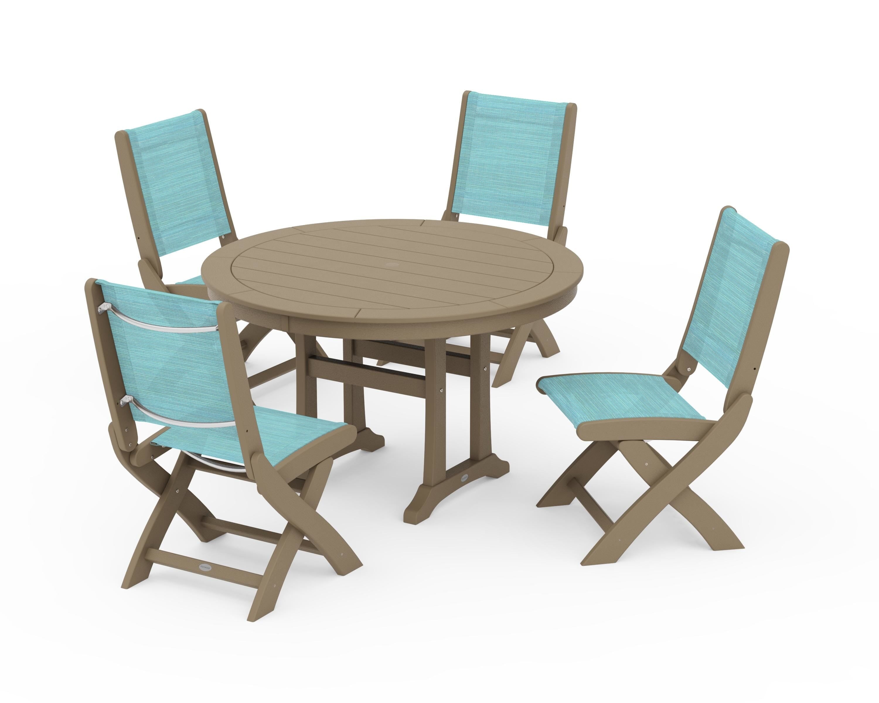 POLYWOOD Coastal Folding Side Chair 5-Piece Round Dining Set With Trestle Legs in Vintage Sahara / Dupioni Aquamarine Sling