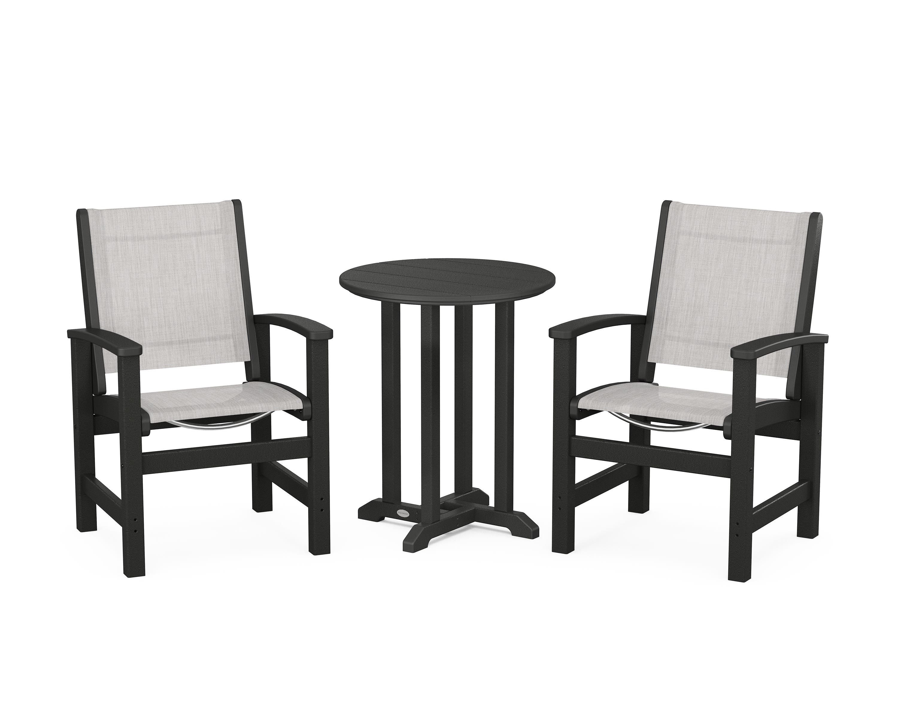 POLYWOOD Coastal 3-Piece Round Bistro Dining Set in Black / Parchment Sling
