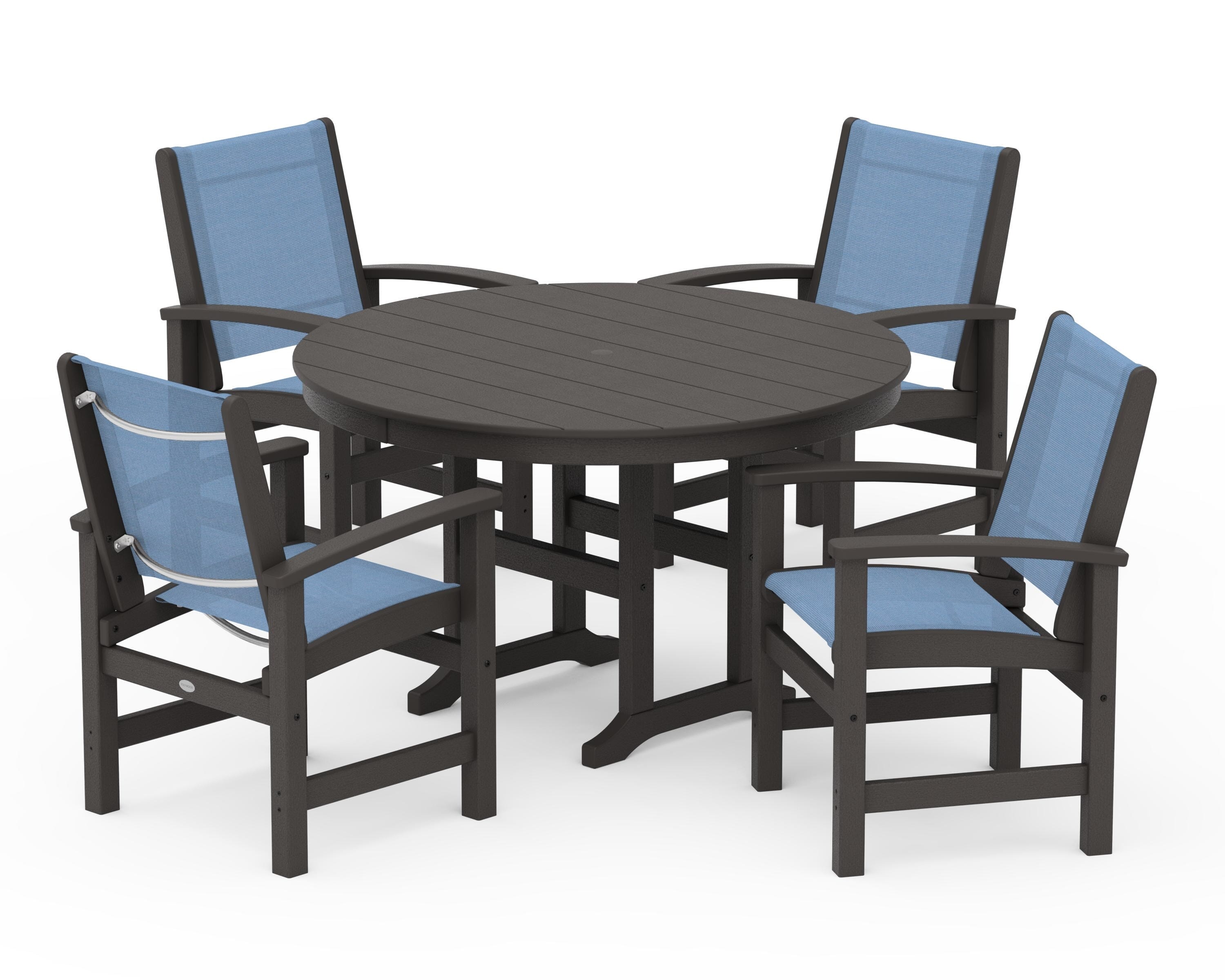 POLYWOOD Coastal 5-Piece Round Farmhouse Dining Set in Vintage Coffee / Poolside Sling