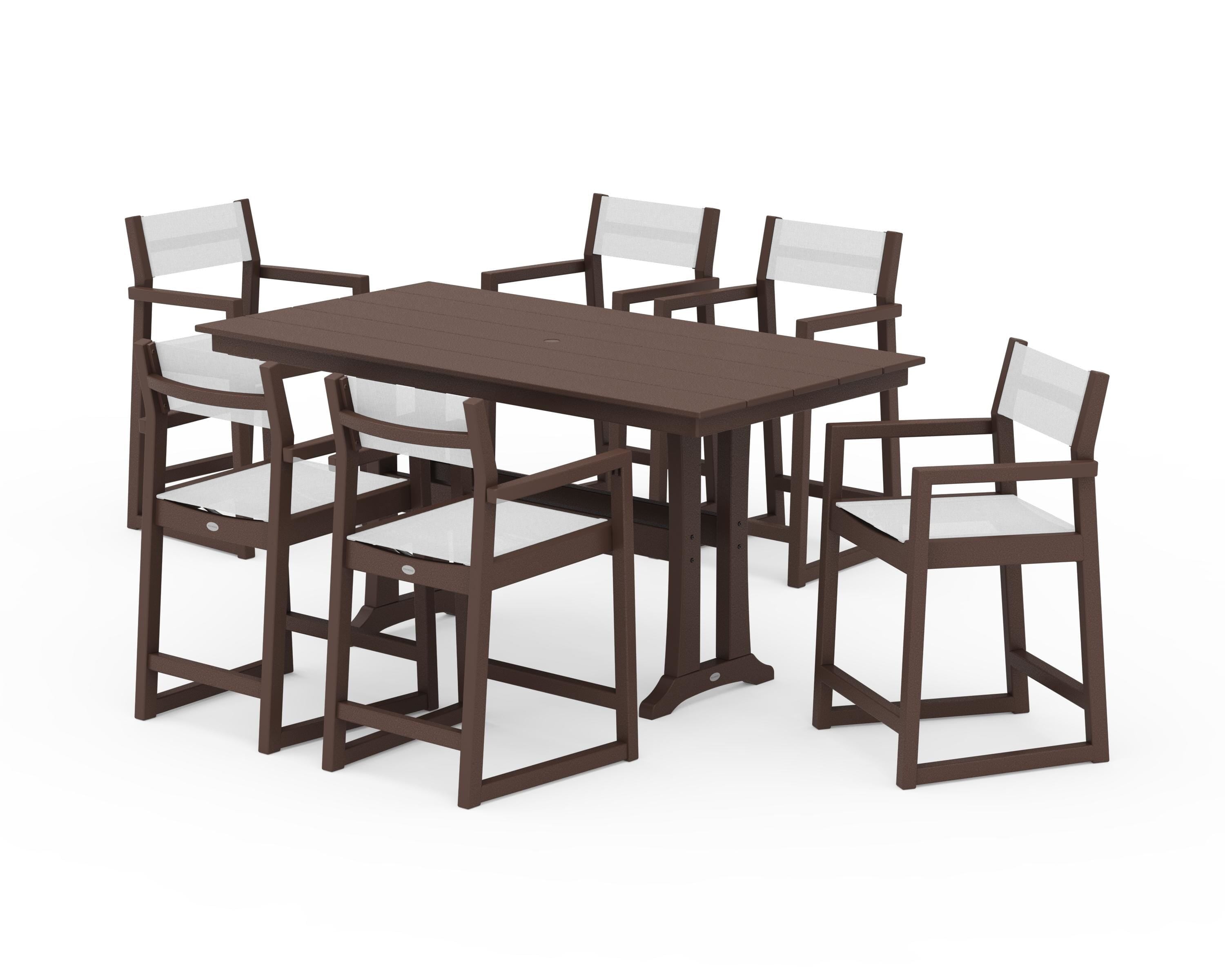 POLYWOOD EDGE Sling Arm Chair 7-Piece Farmhouse Counter Set with Trestle Legs in Mahogany / White Sling