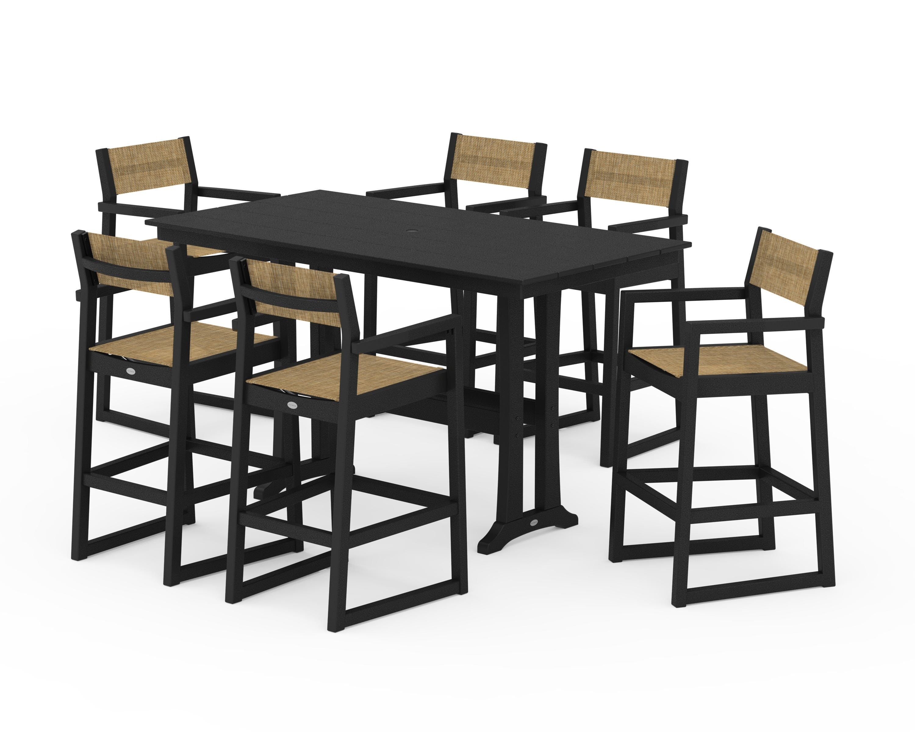 POLYWOOD EDGE Sling Arm Chair 7-Piece Farmhouse Bar Set with Trestle Legs in Black / Burlap Sling