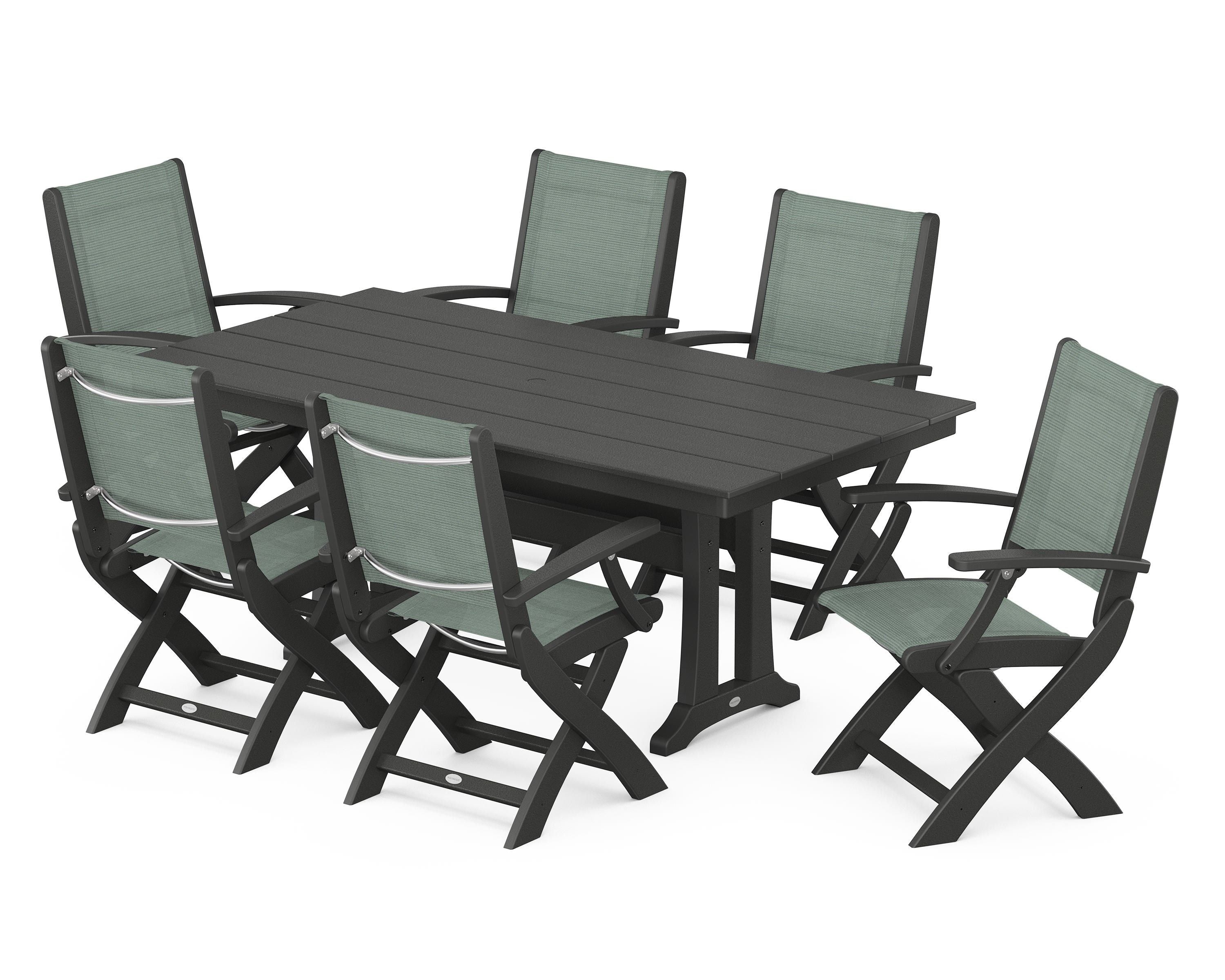 POLYWOOD Coastal Folding Arm Chair 7-Piece Farmhouse Dining Set with Trestle Legs in Black / Dupioni Sea Mist Sling