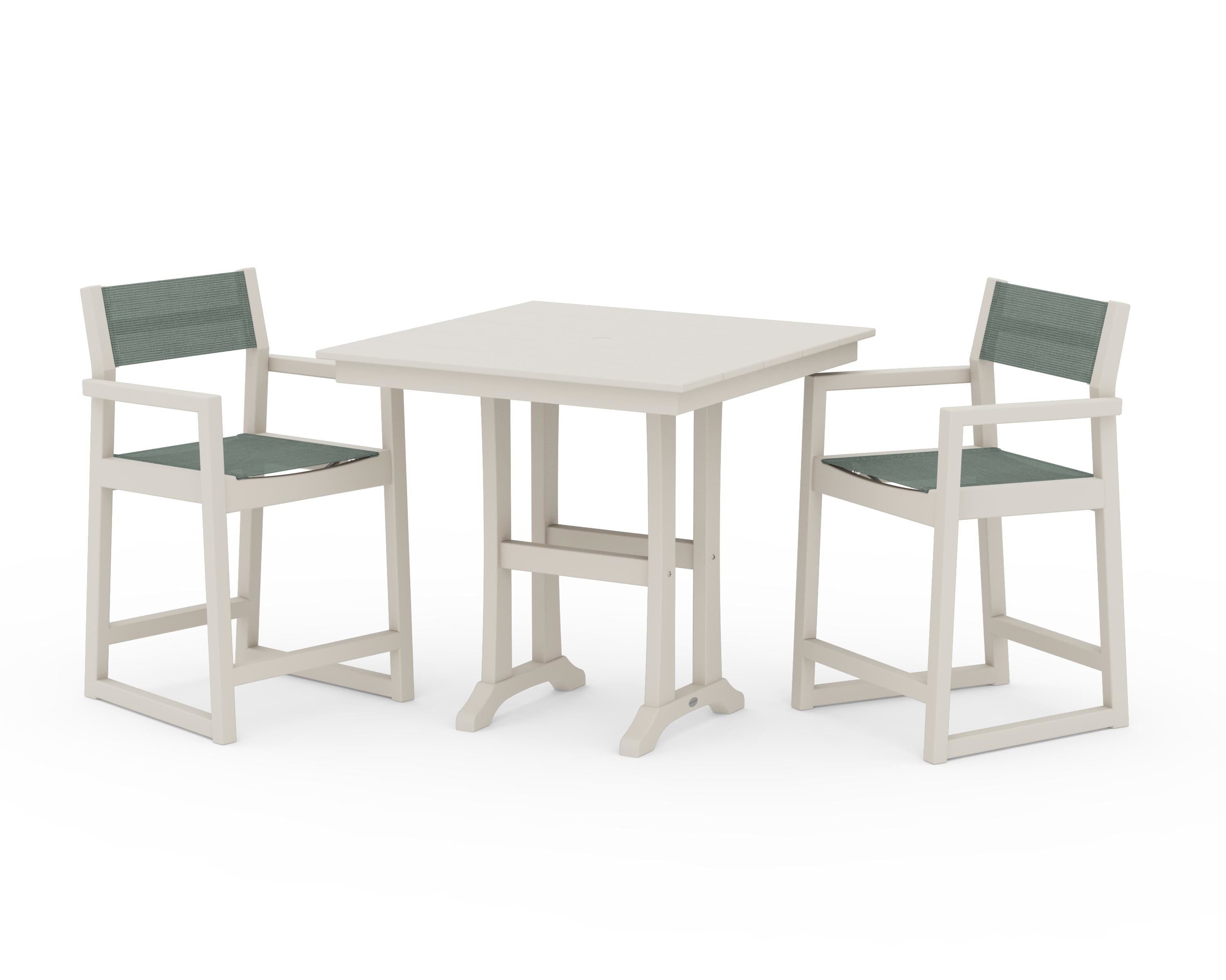 POLYWOOD EDGE Sling Arm Chair 3-Piece Farmhouse Counter Set with Trestle Legs in Sand / Dupioni Sea Mist Sling