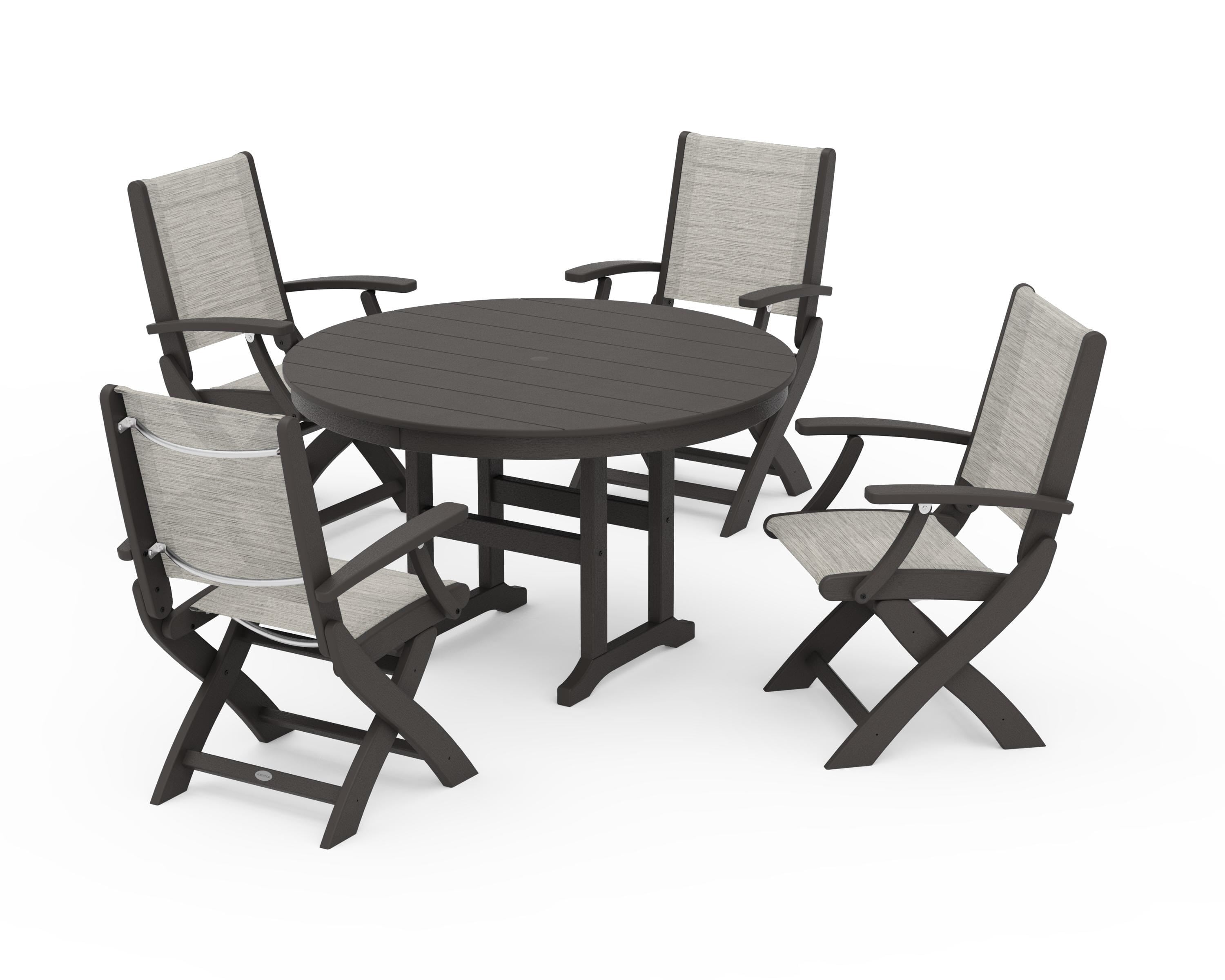 POLYWOOD Coastal Folding Chair 5-Piece Round Dining Set in Vintage Coffee / Birch Sling