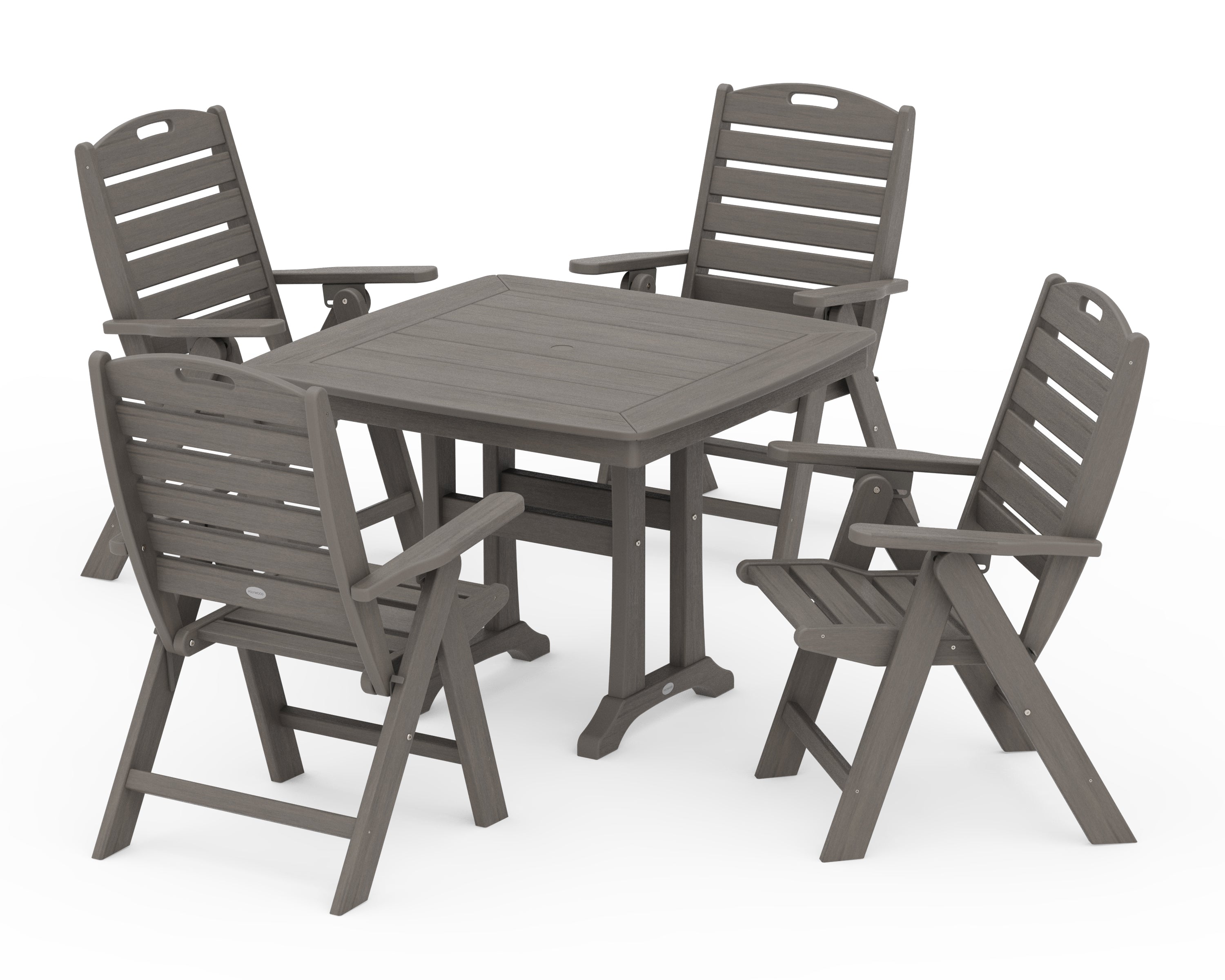 POLYWOOD Nautical Folding Highback Chair 5-Piece Dining Set with Trestle Legs in Driftwood