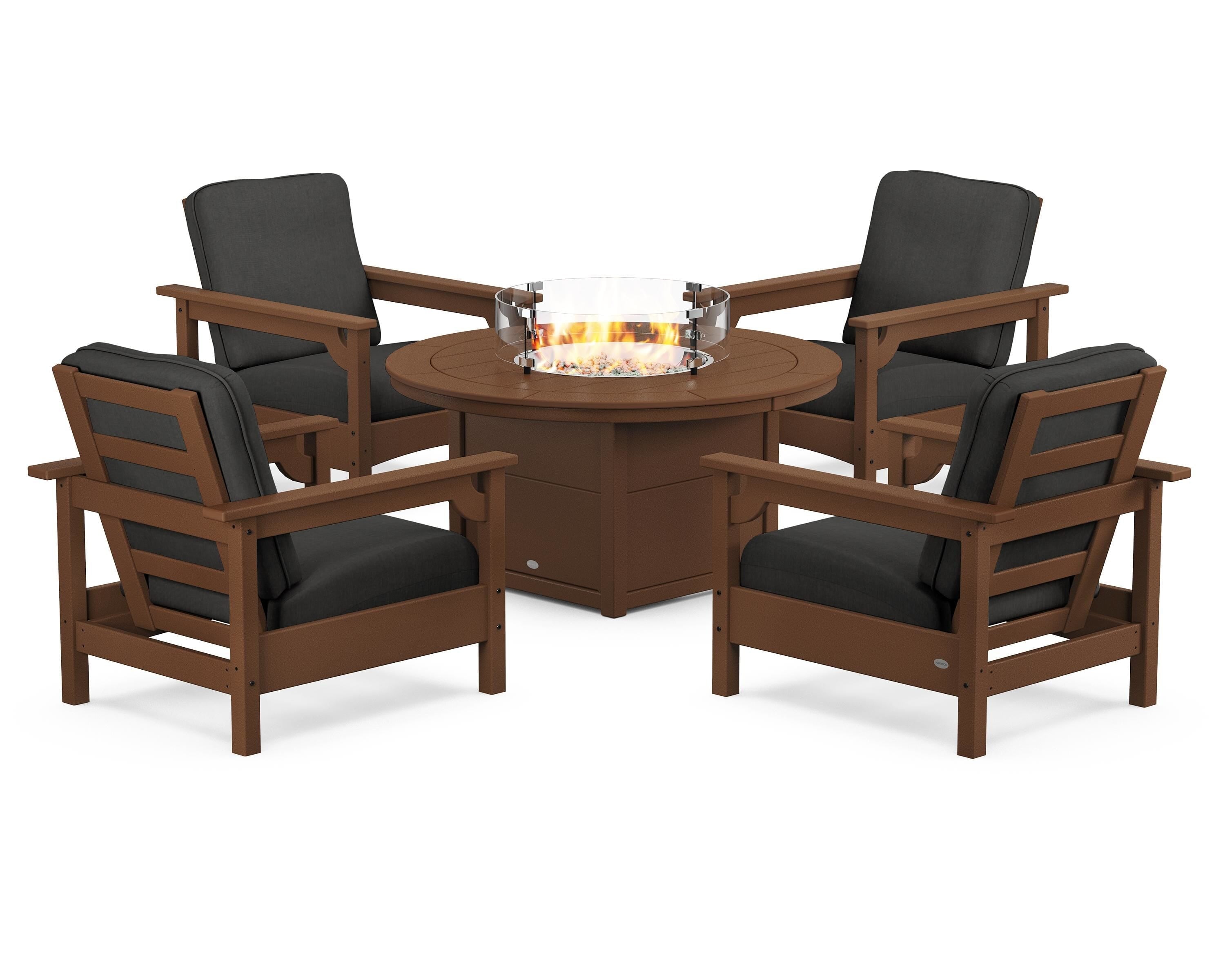 POLYWOOD Club 5-Piece Conversation Set with Fire Pit Table in Teak / Spectrum Carbon